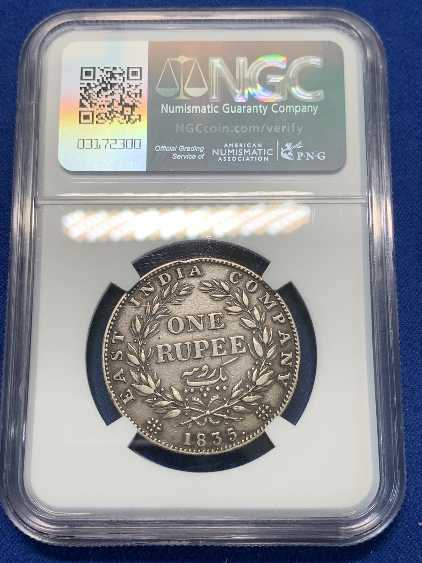 《竞宝斋》第243场-周日，周一 新年开场 (全场包邮) NGC XFD 印度1835年C版威廉四世1卢比银币，比维多利亚女王版本少多了。