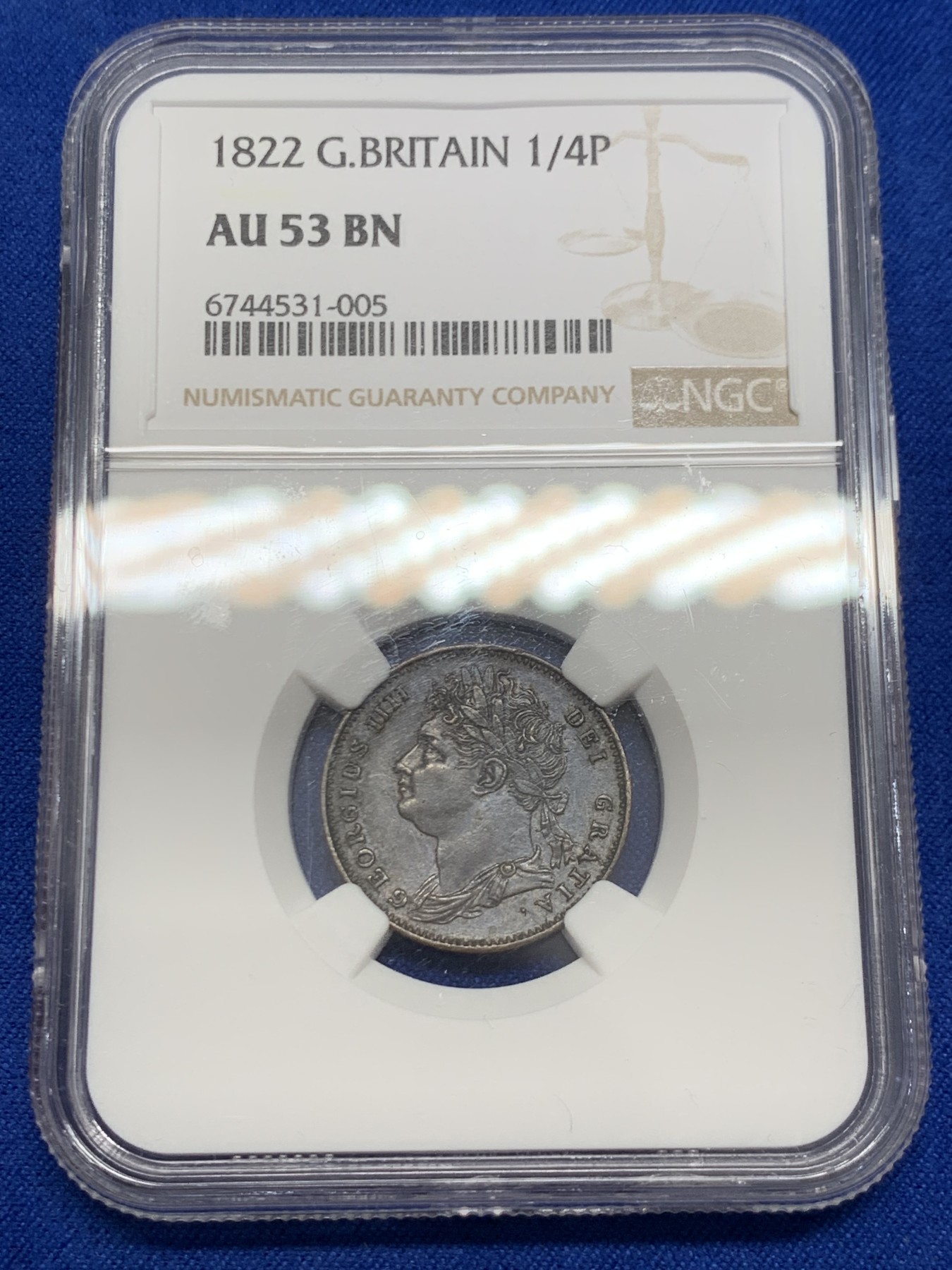 《竞宝斋》第243场-周日，周一 新年开场 (全场包邮) NGC AU53BN 英国1822年乔治四世法新铜币，少见品种，好品很少，女神像胸都没磨损，当unc买的结果给了53。舒服巧克力包浆，人像栩栩如生。