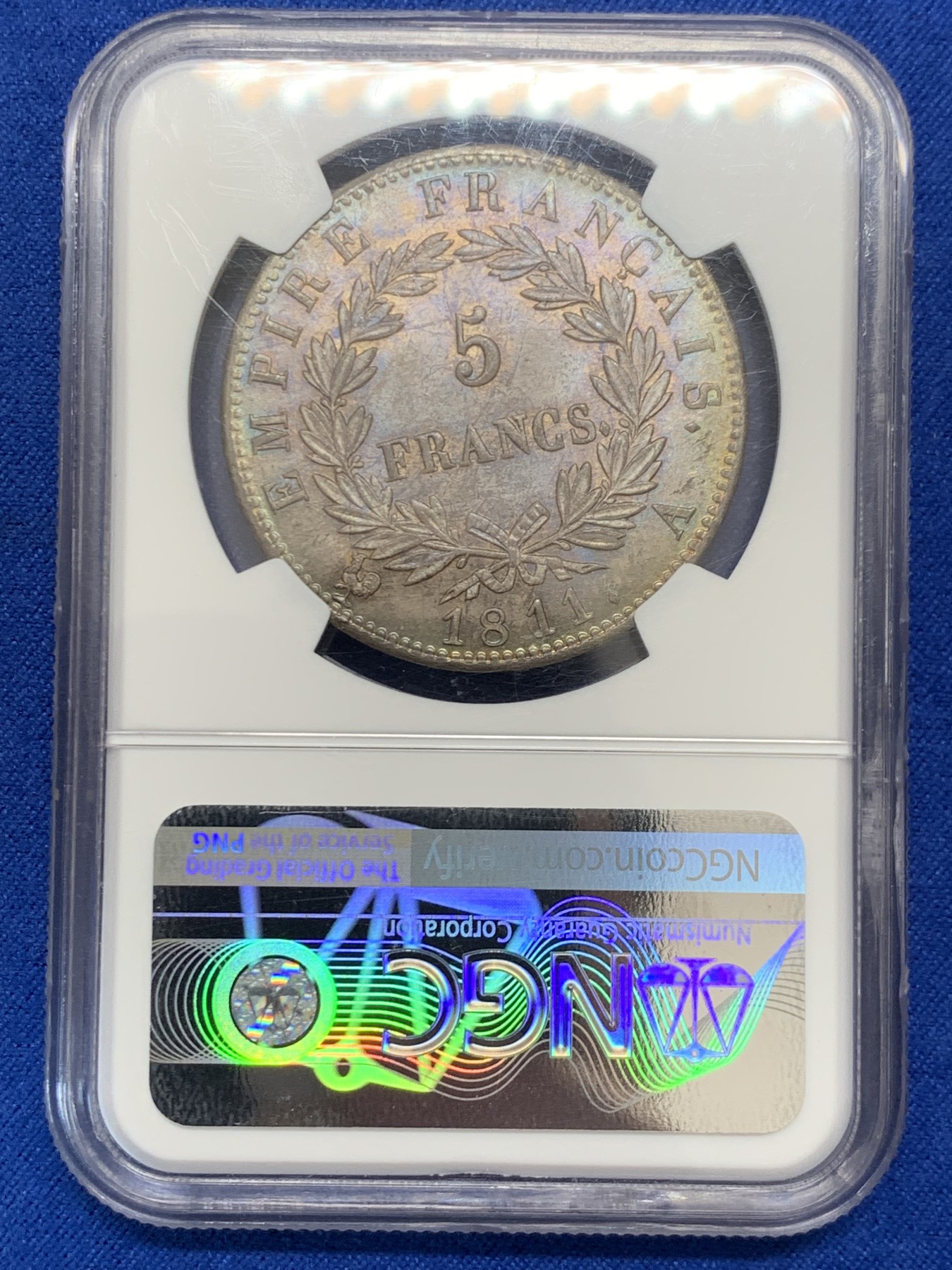 《竞宝斋》第243场-周日，周一 新年开场 (全场包邮) NGC MS64 法国1811年拿破仑一世5法郎银币 双面深彩炫光 全深打 难得状态 一枚在手别无所求
