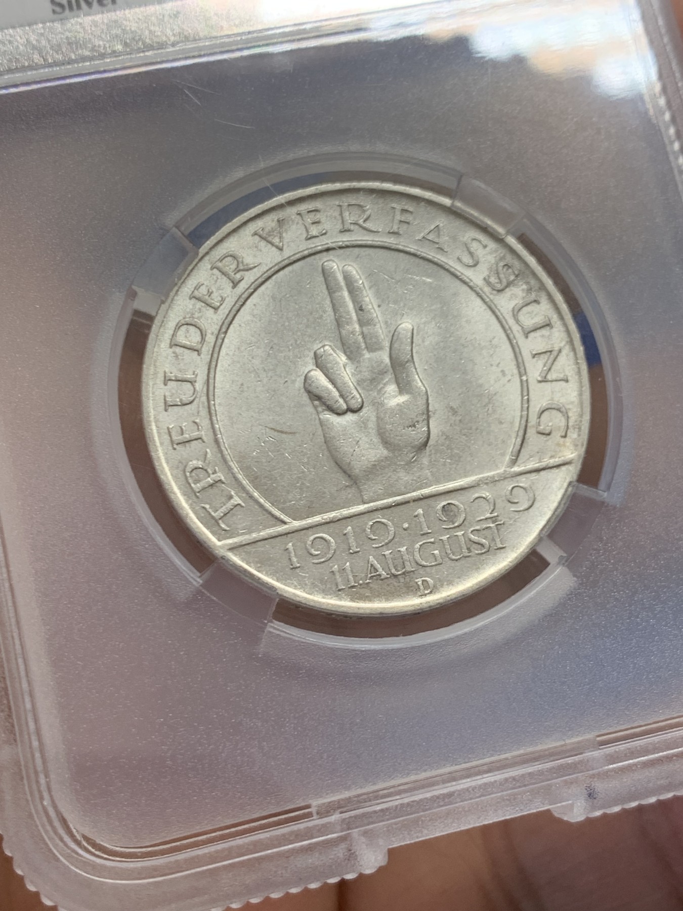 《竞宝斋》第243场-周日，周一 新年开场 (全场包邮) TQG-MS65 1929-D 德国魏玛共和国时期 宪法十周年3马克银币 少见品种 喜欢NP盒子的也可以砸盒重新送