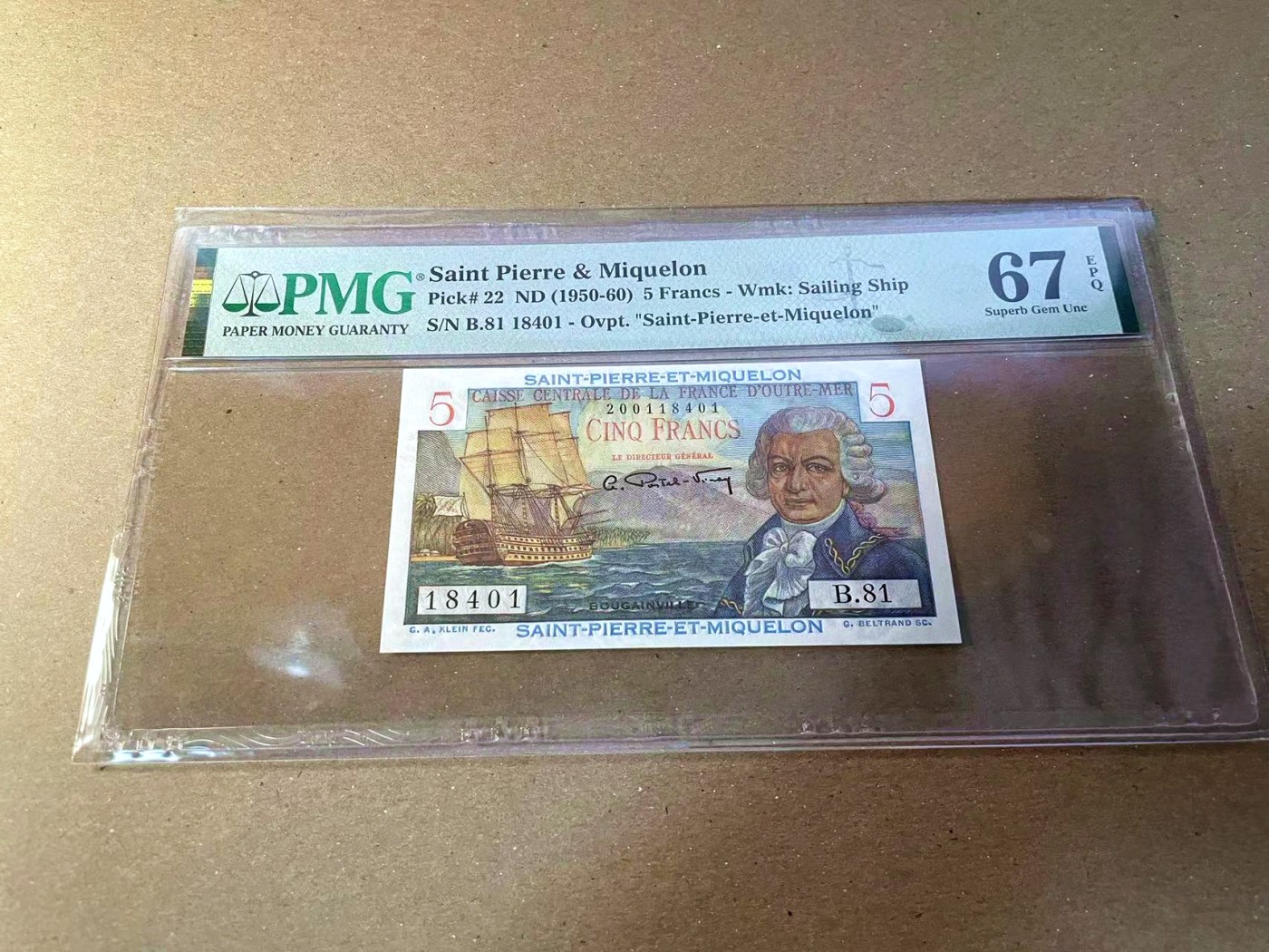 【Blue Auction】✨世界纸币精拍第440期【精】 圣皮埃尔和密克隆 1950-60年5法郎 PMG67EPQ 