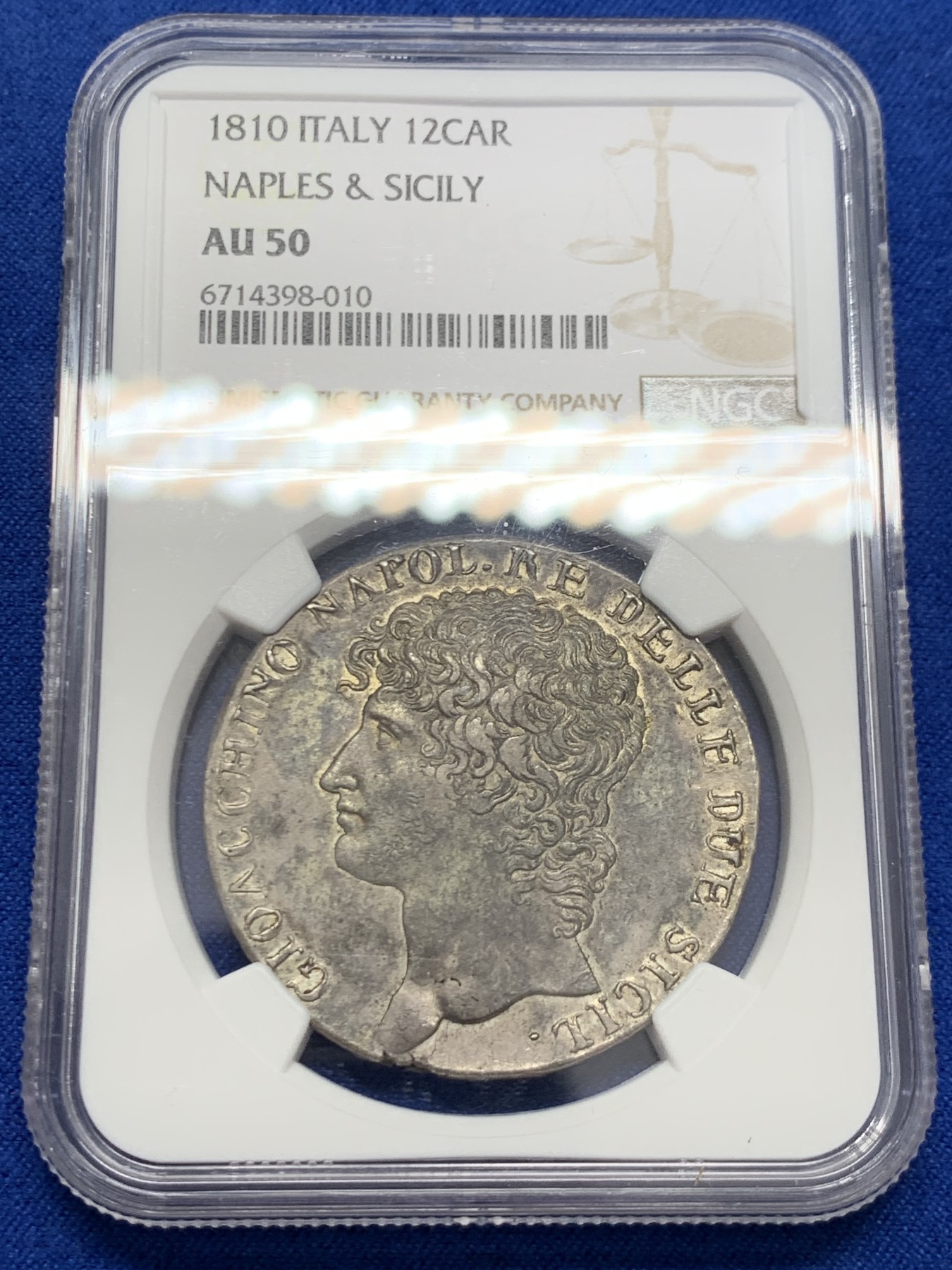 《竞宝斋》第243场-周日，周一 新年开场 (全场包邮) NGC AU50 意大利 1810  那不勒斯王国 缪拉 12 卡利尼 大银币 稀缺品种 2023昆克裸币3500欧元成交