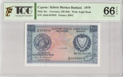 PThappally收藏第26次拍卖，英联邦地区硬币纸币 - CYPRUS, Central Bank of Cyprus, 1979 250 Mils, Sign. Christakis, Pik 41c - TQG66 GEPQ Gem UNC