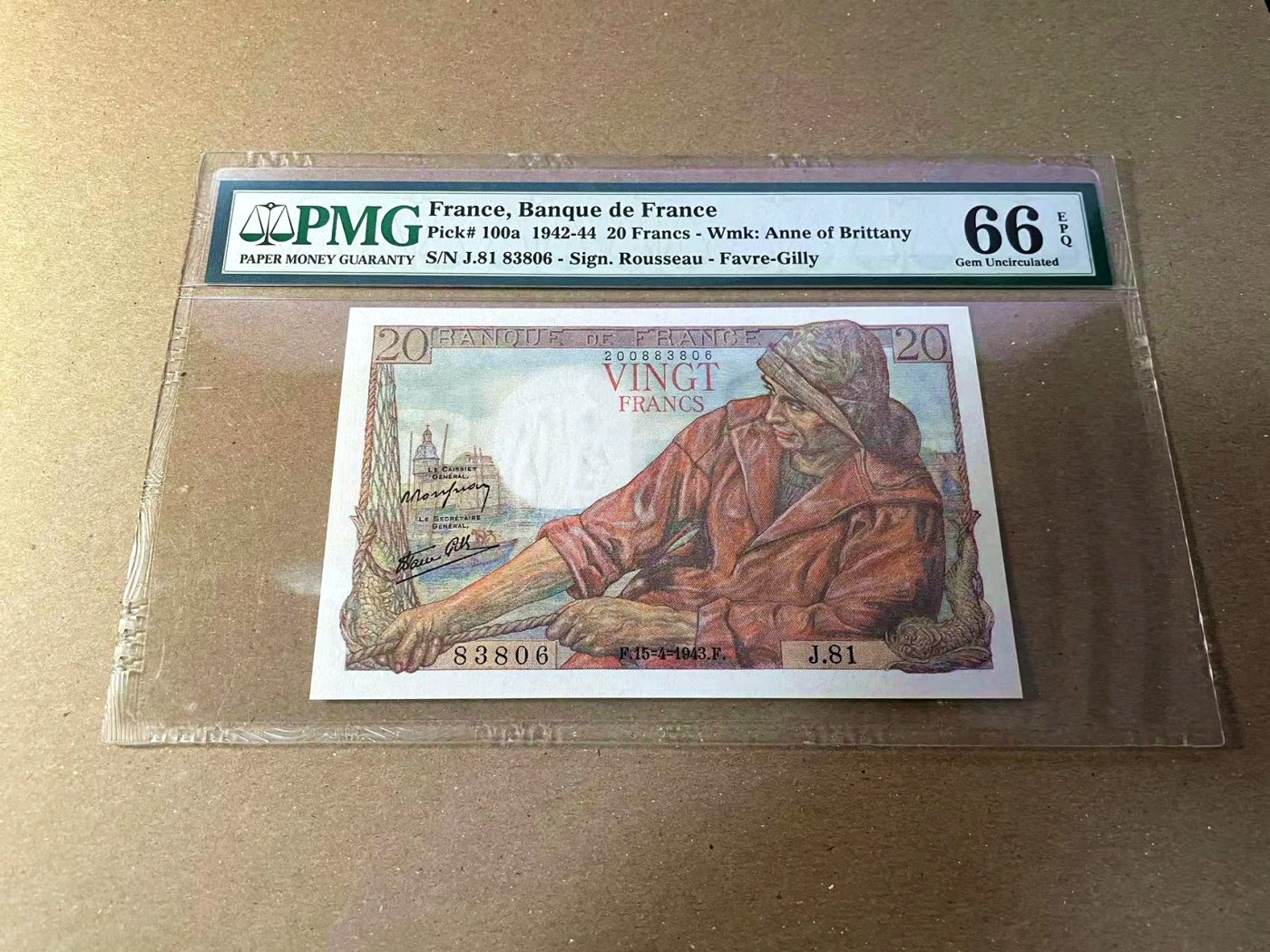 【Blue Auction】✨世界纸币精拍第440期【精】 【无47】法国 1943年20法郎 PMG66EPQ 