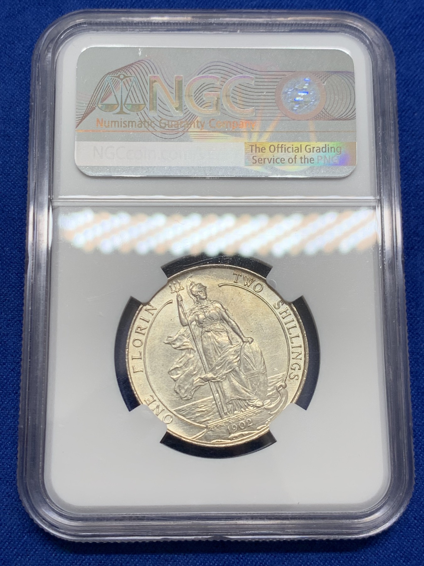 《竞宝斋》第243场-周日，周一 新年开场 (全场包邮) NGC UNC 英国1902年爱德华七世海神弗洛林（2先令）银币