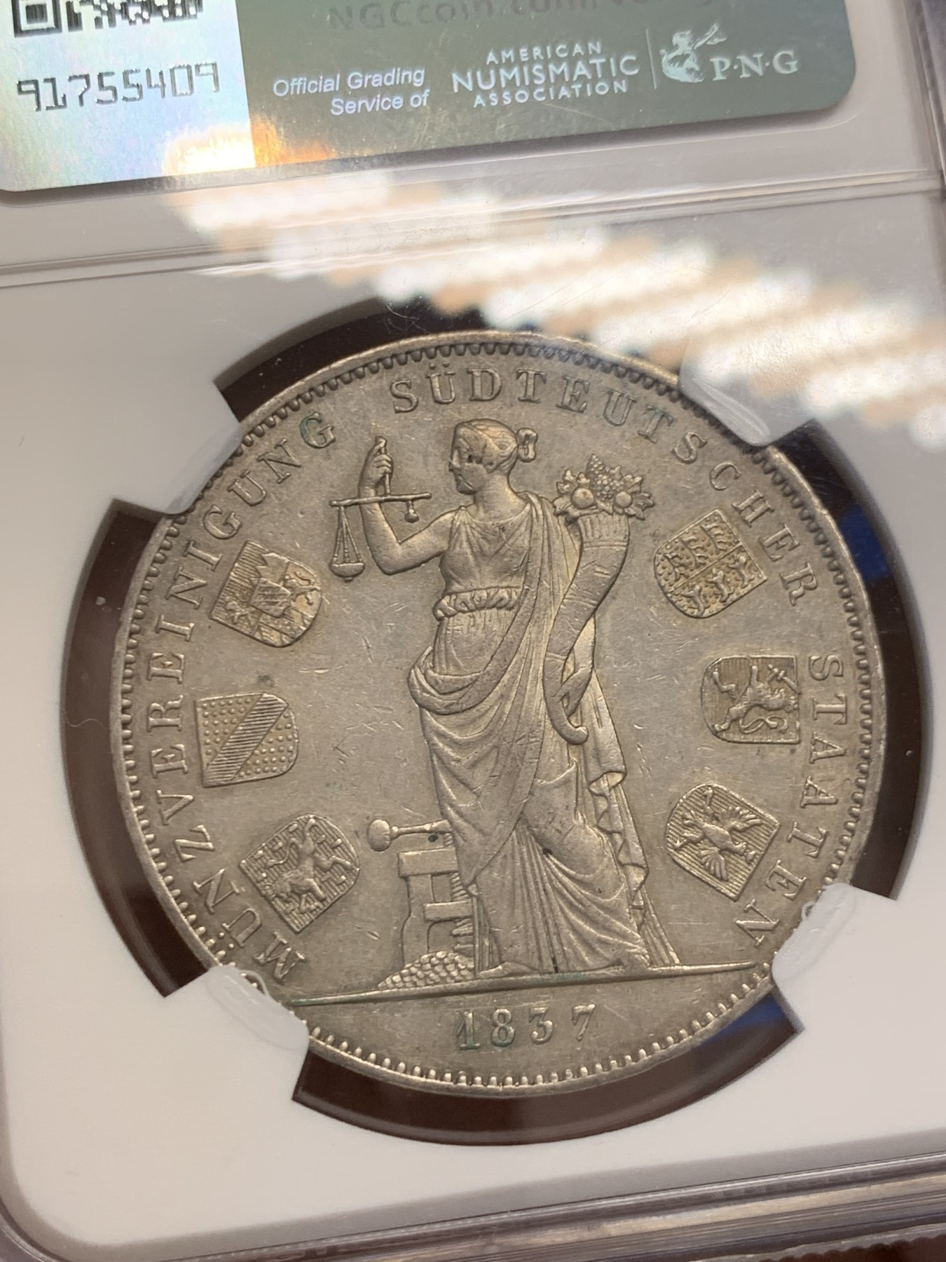 《竞宝斋》第243场-周日，周一 新年开场 (全场包邮) NGC AU58 德国 1837 巴伐利亚货币同盟 2泰勒大银币 底板不错 细节也好