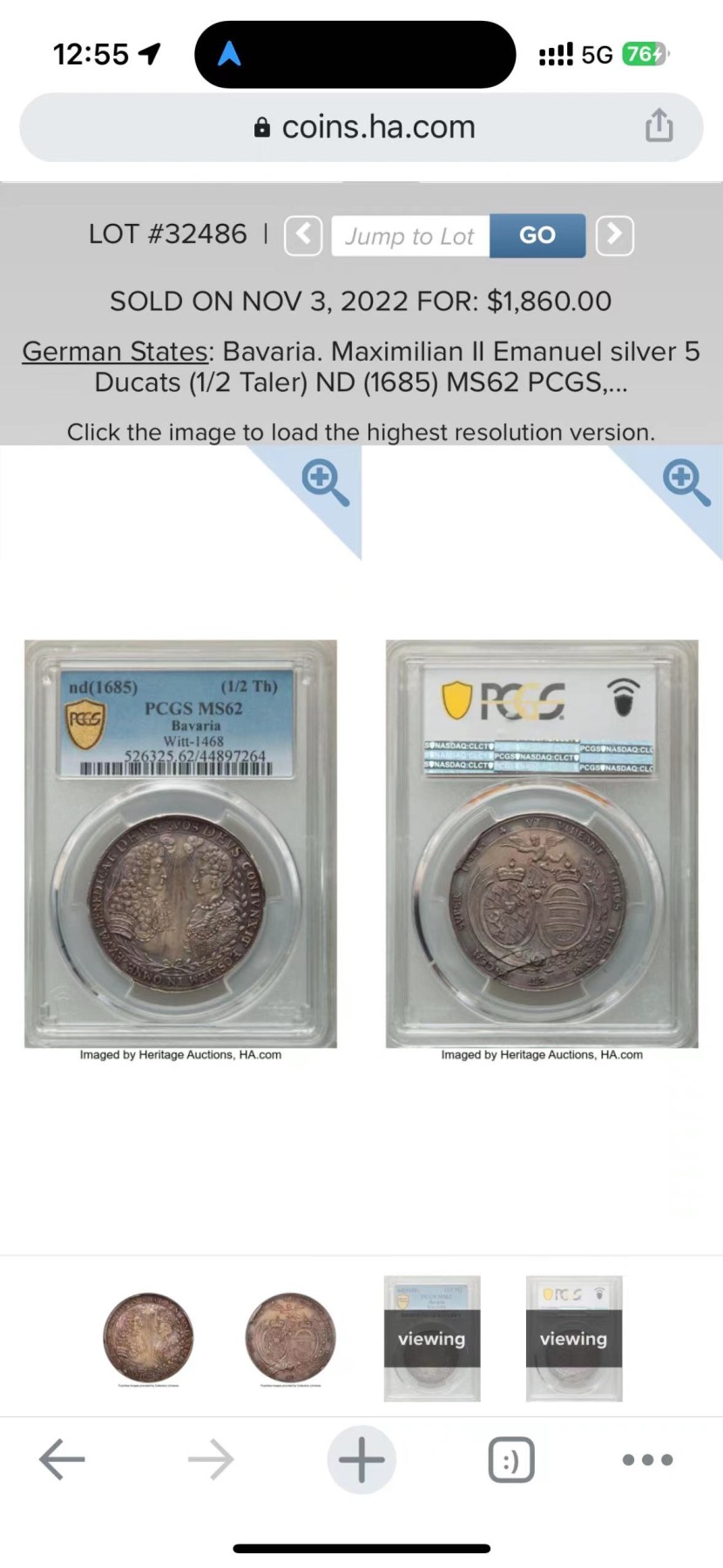 《竞宝斋》第243场-周日，周一 新年开场 (全场包邮) PCGS MS62 德国巴伐利亚1685年5杜卡(1/2泰勒)银样币。背面凸出的阳线是因为模具裂痕造成的，这个品种每个币上都有，不是币的损伤或者后期造成的。HA22年原物，1860刀，折合人民币1.35万