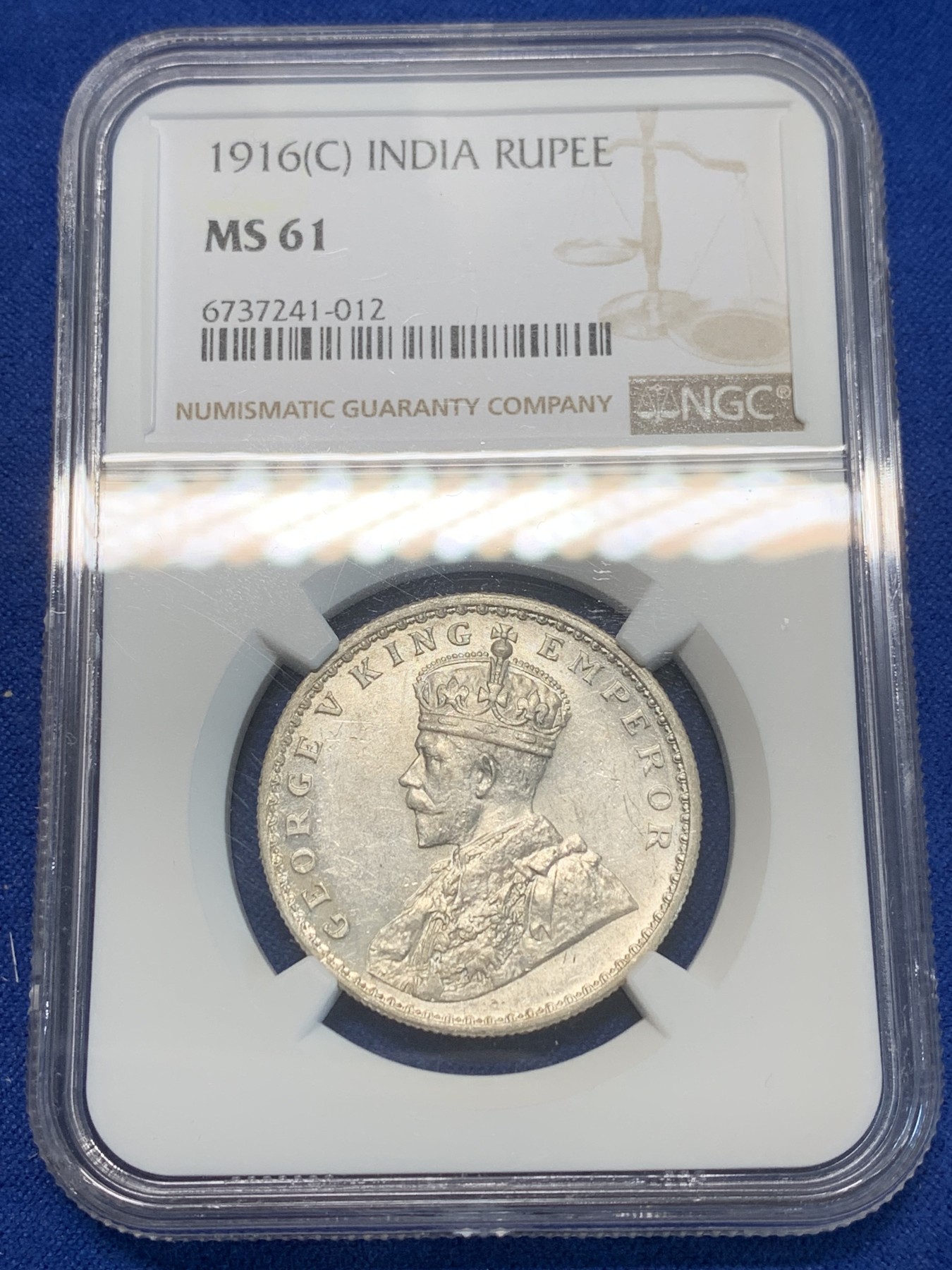 《竞宝斋》第243场-周日，周一 新年开场 (全场包邮) NGC MS61 印度1916C乔治五世1卢比银币