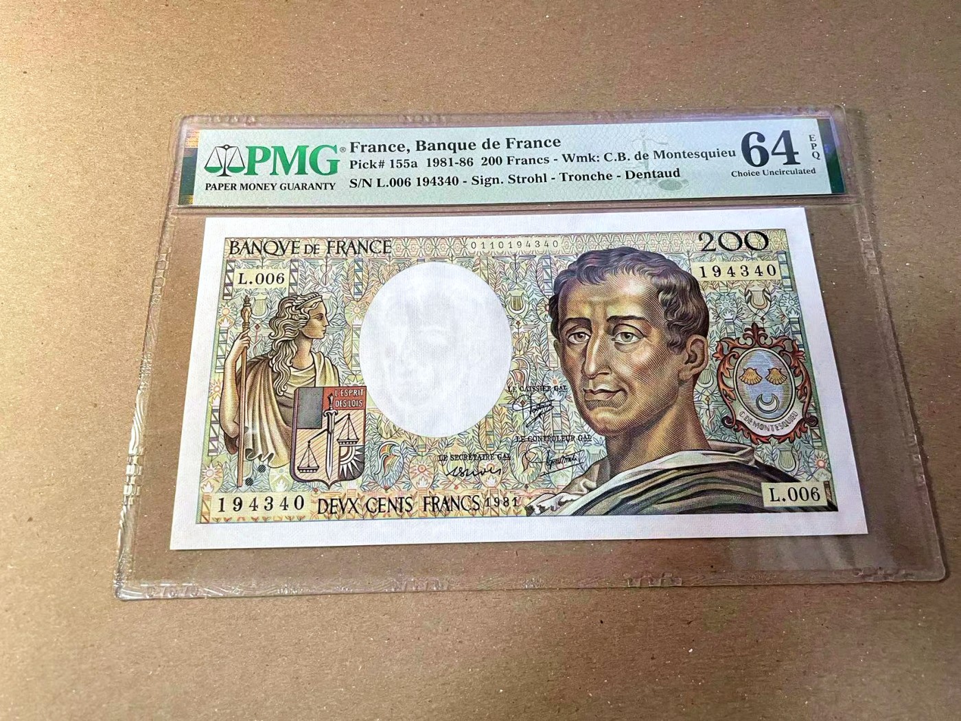 【Blue Auction】✨世界纸币精拍第440期【精】 【a版首年】法国 1981年200法郎 孟德斯鸠 PMG64EPQ 