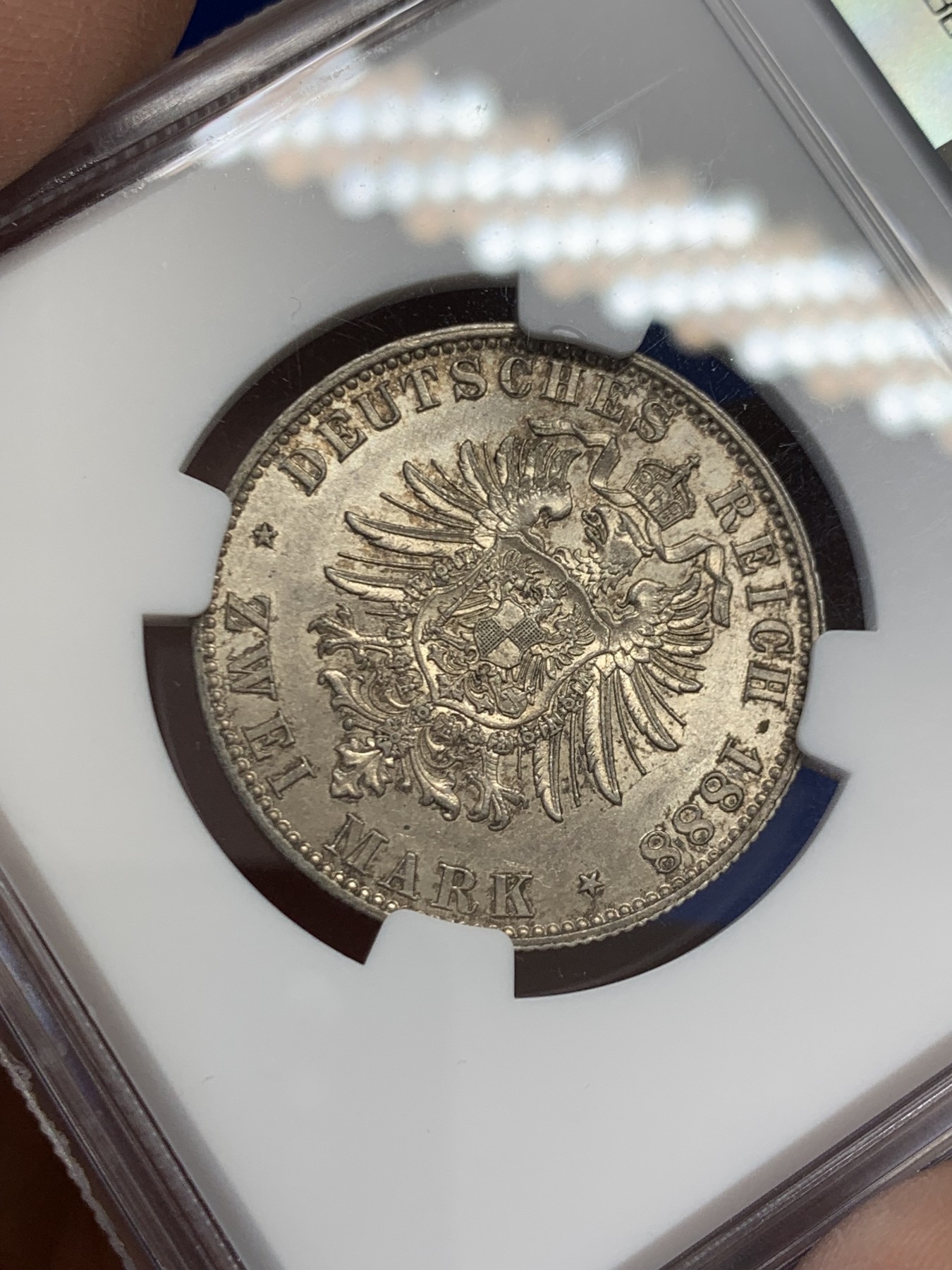 《竞宝斋》第243场-周日，周一 新年开场 (全场包邮) NGC MS62 德国1888三皇年弗里德里希三世 短翅2马克银币 不错的状态 低评