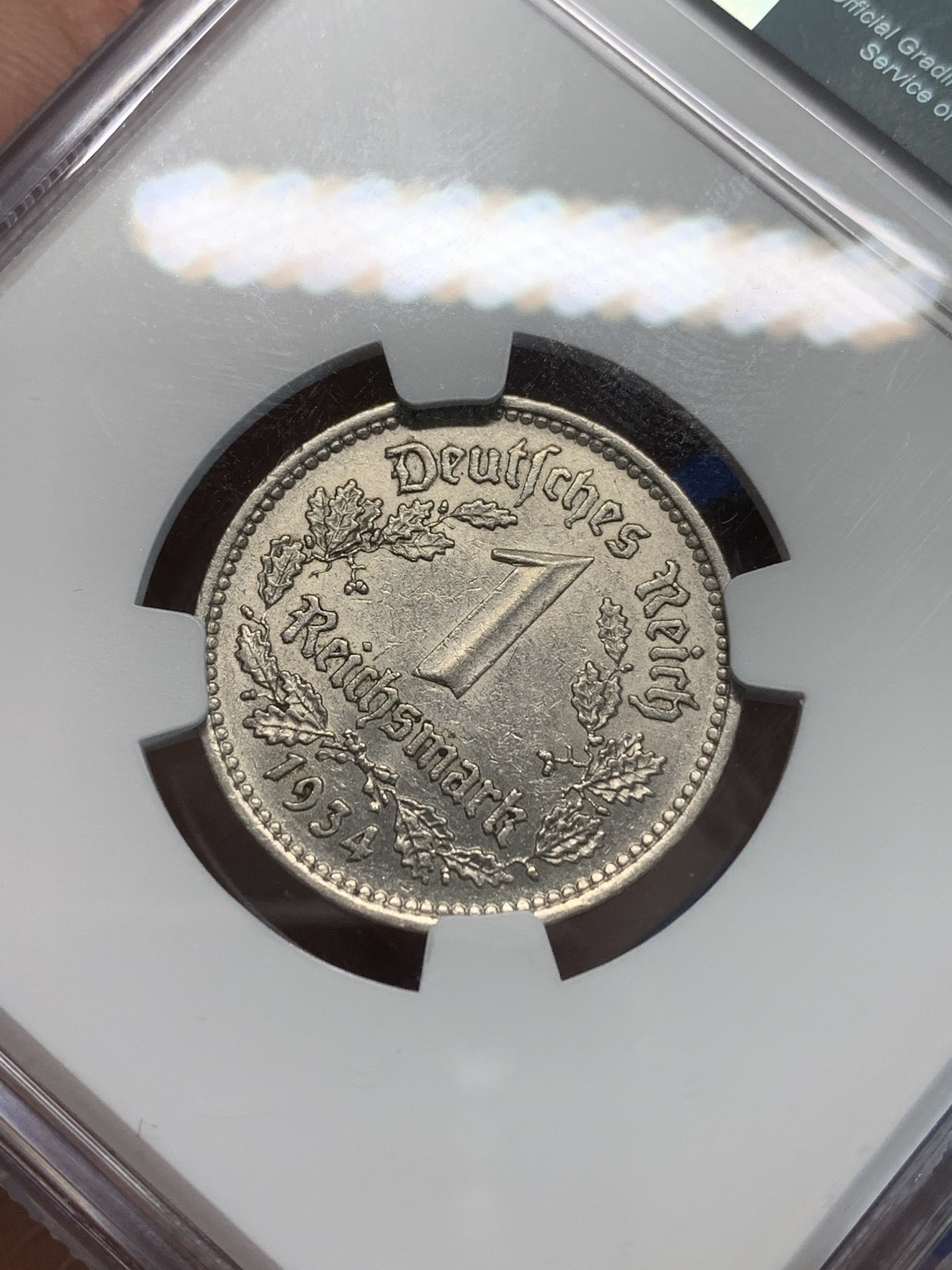 《竞宝斋》第243场-周日，周一 新年开场 (全场包邮) NGC MS62 1934年A版德国1马克纯镍币，此版本首年。少见品质，MS稀少。