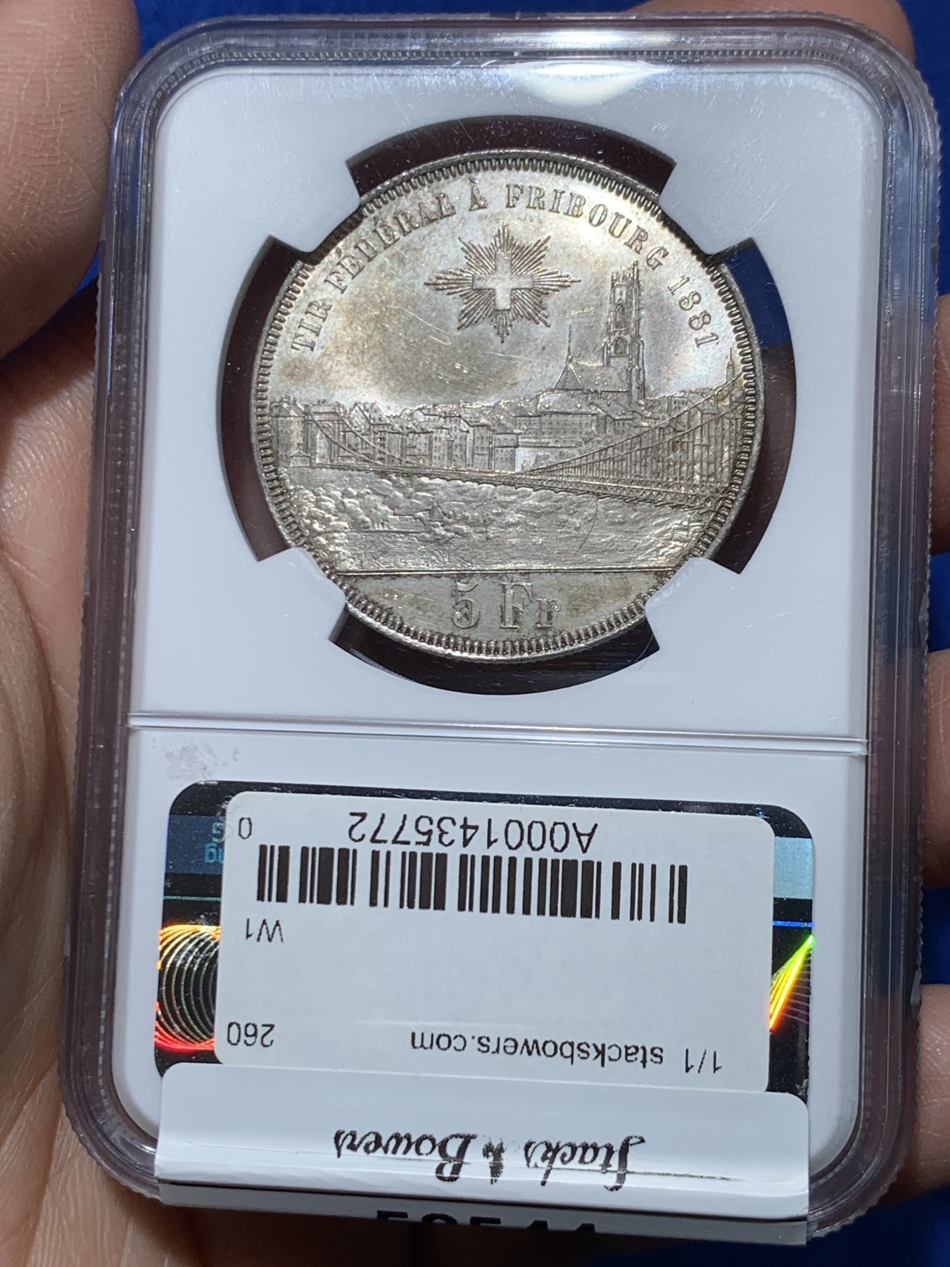 《竞宝斋》第243场-周日，周一 新年开场 (全场包邮) NGC MS63 1881瑞士5法郎银币  伯尔尼造币厂 非常经典的画面 美女人物 背面是城市风景，铁索吊桥