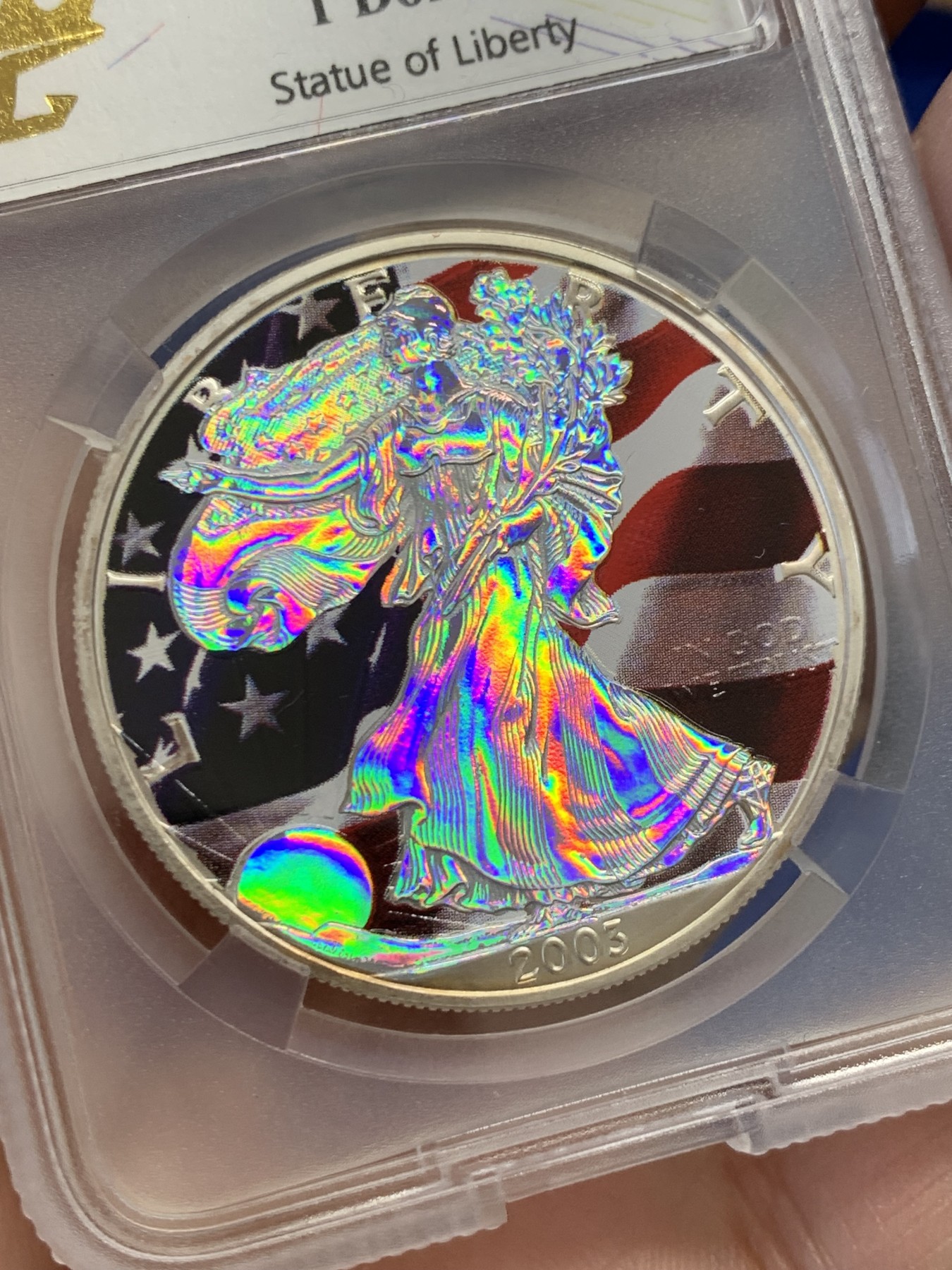 《竞宝斋》第243场-周日，周一 新年开场 (全场包邮) TQG-MS68 2003年美国行走女神1盎司投资银币喷印彩绘版本 十分少见的彩印版本 此枚保存完好