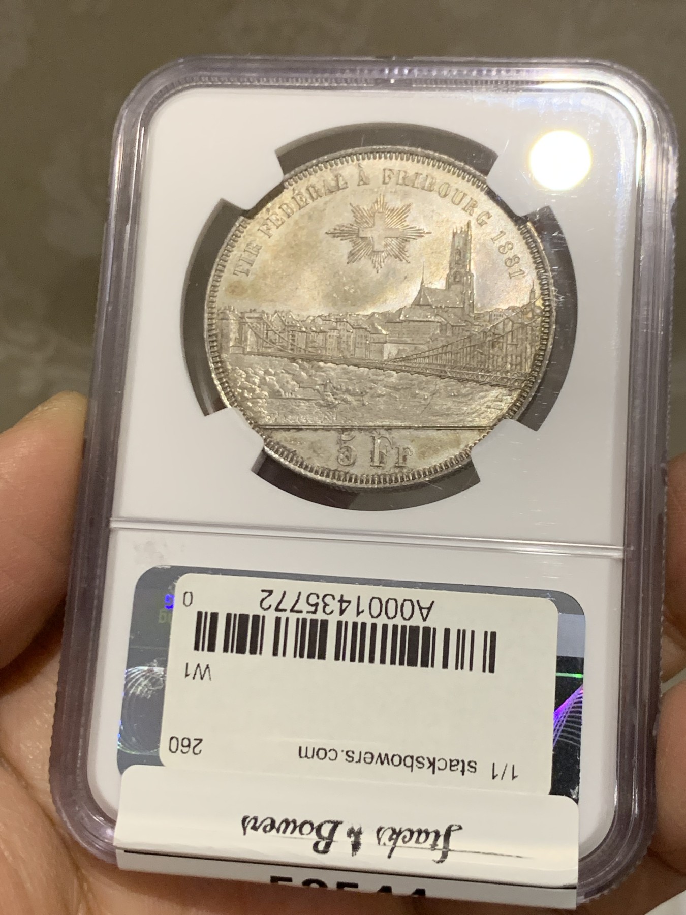 《竞宝斋》第243场-周日，周一 新年开场 (全场包邮) NGC MS63 1881瑞士5法郎银币  伯尔尼造币厂 非常经典的画面 美女人物 背面是城市风景，铁索吊桥