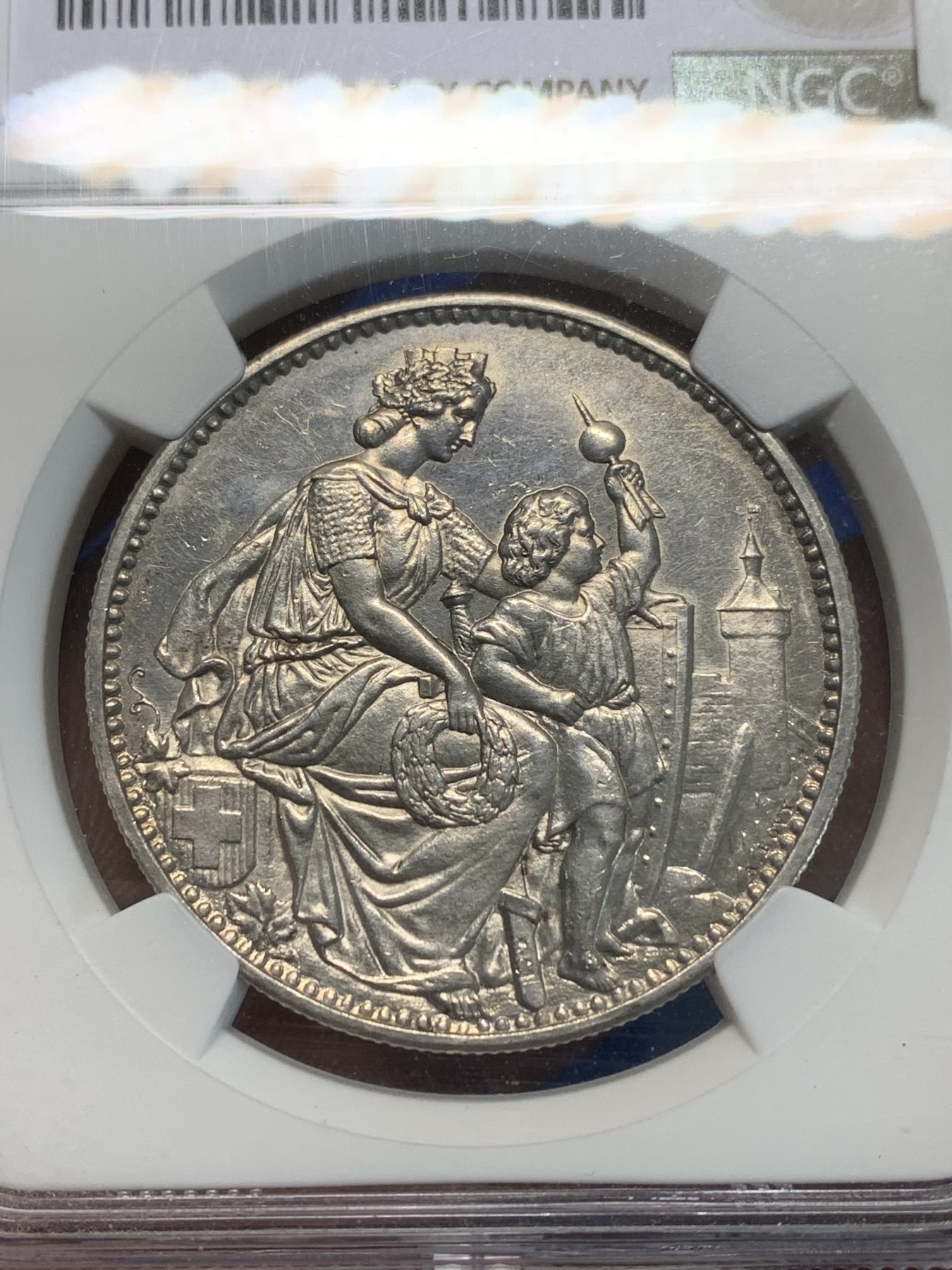 《竞宝斋》第243场-周日，周一 新年开场 (全场包邮) NGC UNCD 热追品种 瑞士1865年沙夫豪森狩猎节5法郎银币