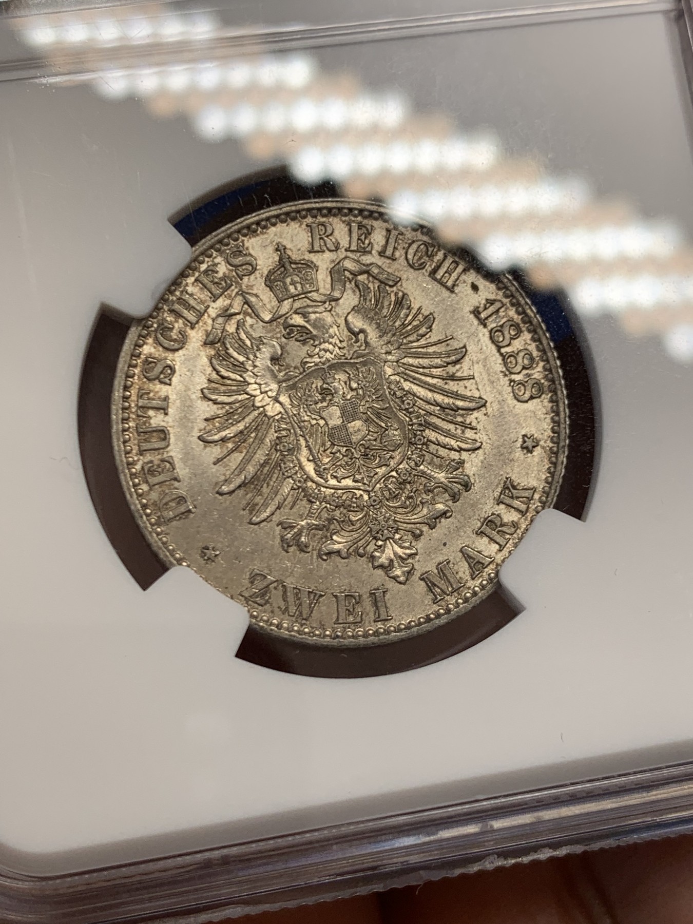 《竞宝斋》第243场-周日，周一 新年开场 (全场包邮) NGC MS62 德国1888三皇年弗里德里希三世 短翅2马克银币 不错的状态 低评