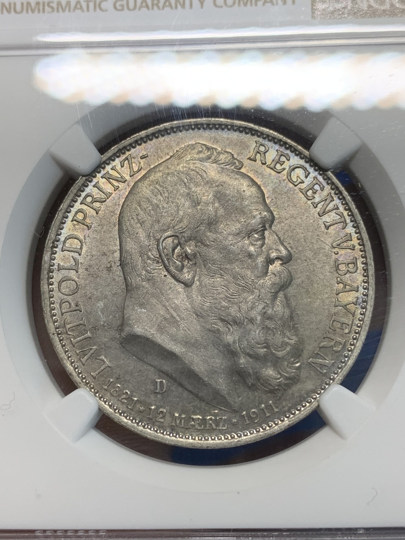 《竞宝斋》第243场-周日，周一 新年开场 (全场包邮) NGC MS63 德国巴伐利亚1911年利奥波德90岁寿辰3马克银币，底光好，好状态，低评了！