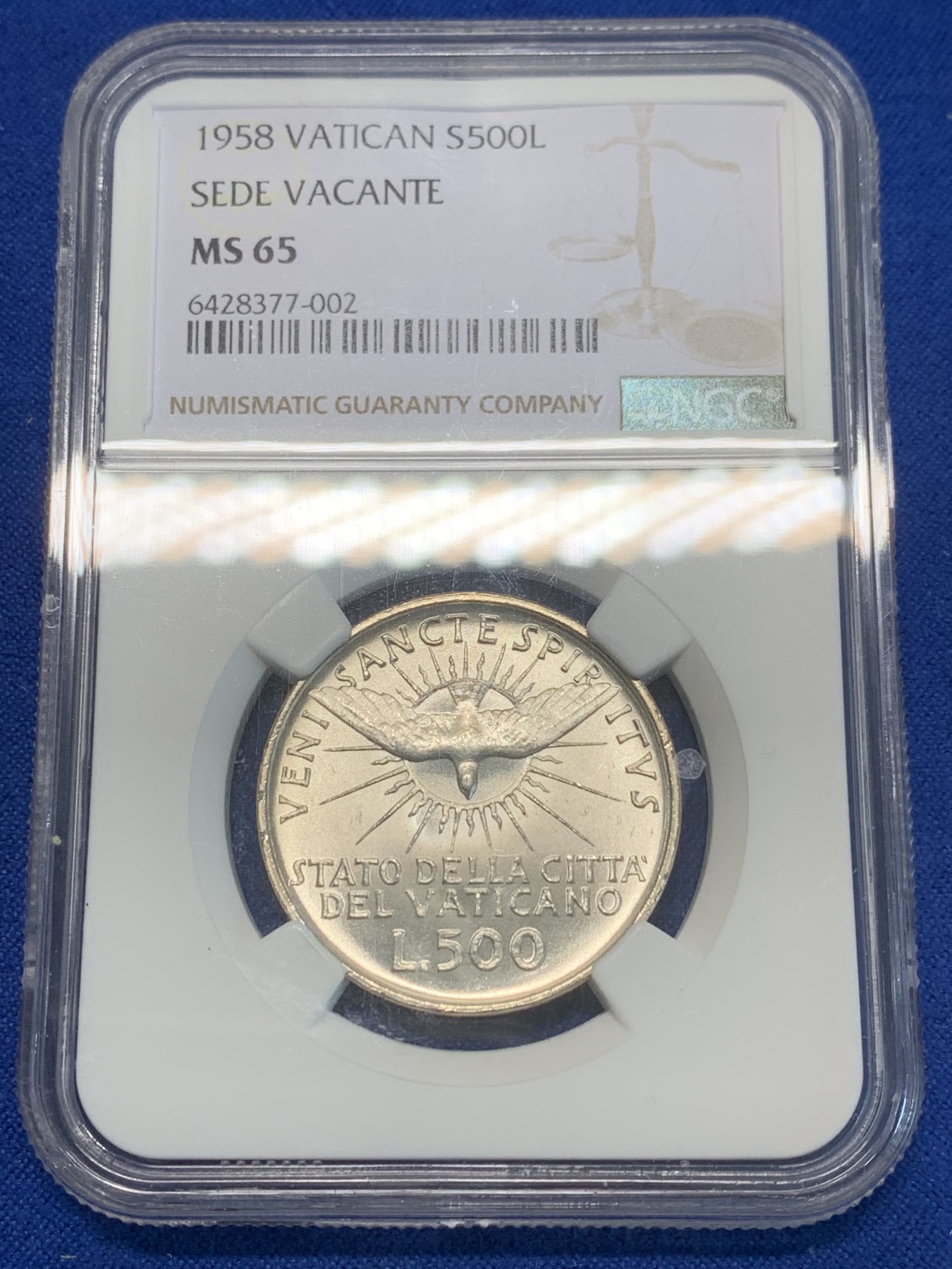 《竞宝斋》第243场-周日，周一 新年开场 (全场包邮) NGC MS65 梵蒂冈1958年教皇缺位500里拉银币 卷拆原光 顶级品相
