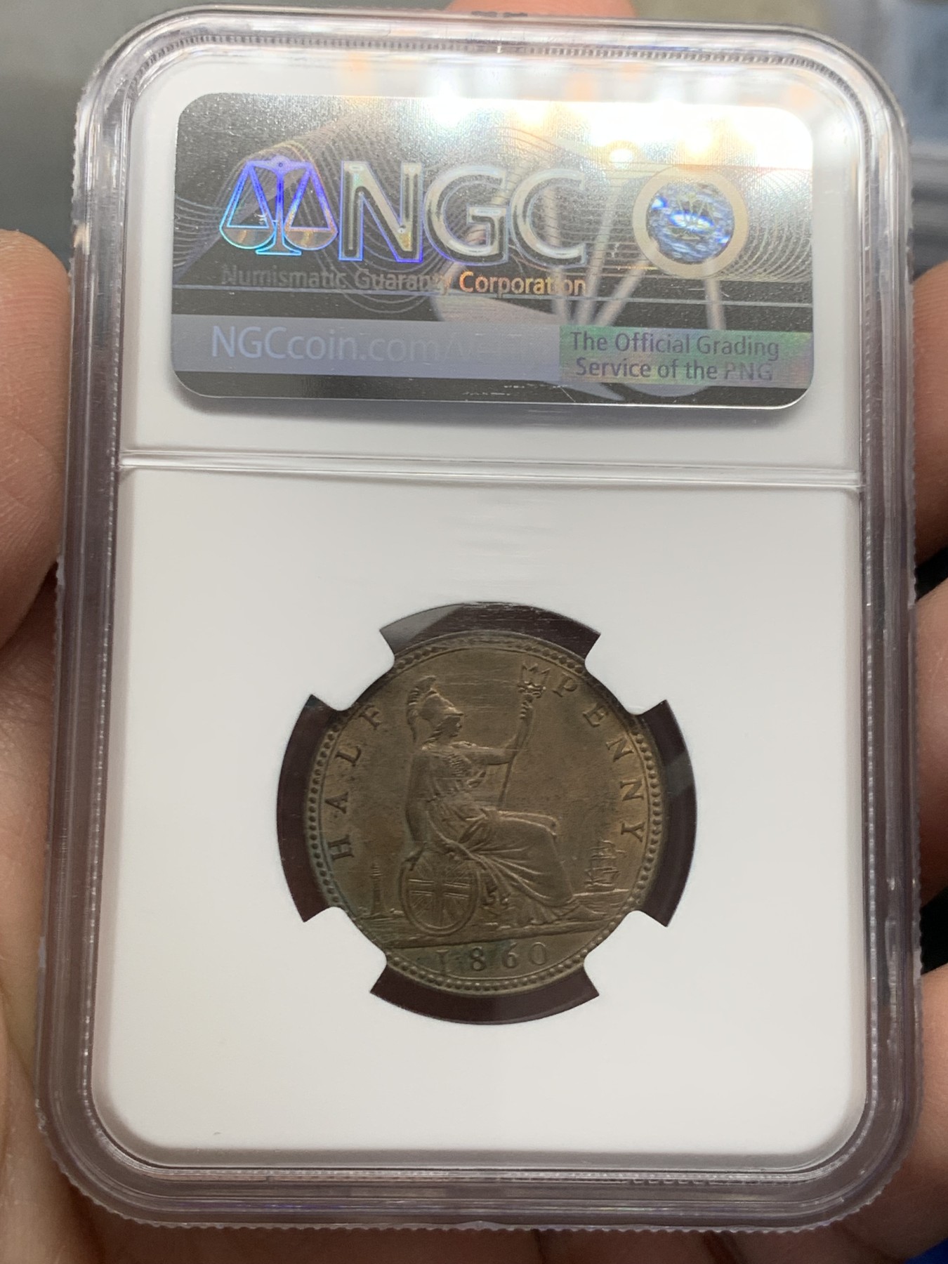 《竞宝斋》第243场-周日，周一 新年开场 (全场包邮) NGC MS63BN 1860年英国早期维多利亚半便士铜币 NGC标注成了1便士 极少见的首年份珠纹边版本 铜光明显细节完整不输RB