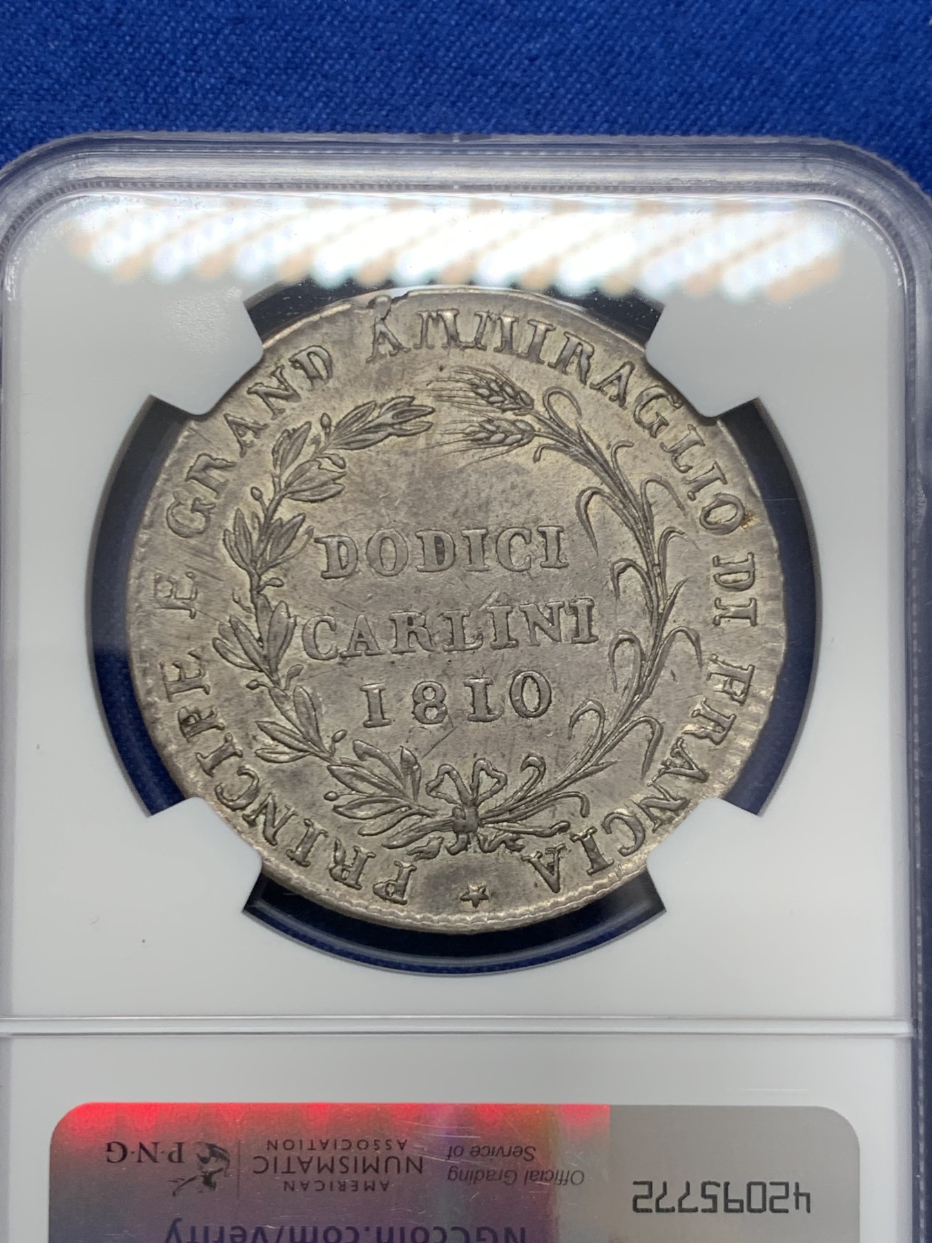 《竞宝斋》第243场-周日，周一 新年开场 (全场包邮) NGC AU50 意大利 1810  那不勒斯王国 缪拉 12 卡利尼 大银币 稀缺品种 2023昆克裸币3500欧元成交