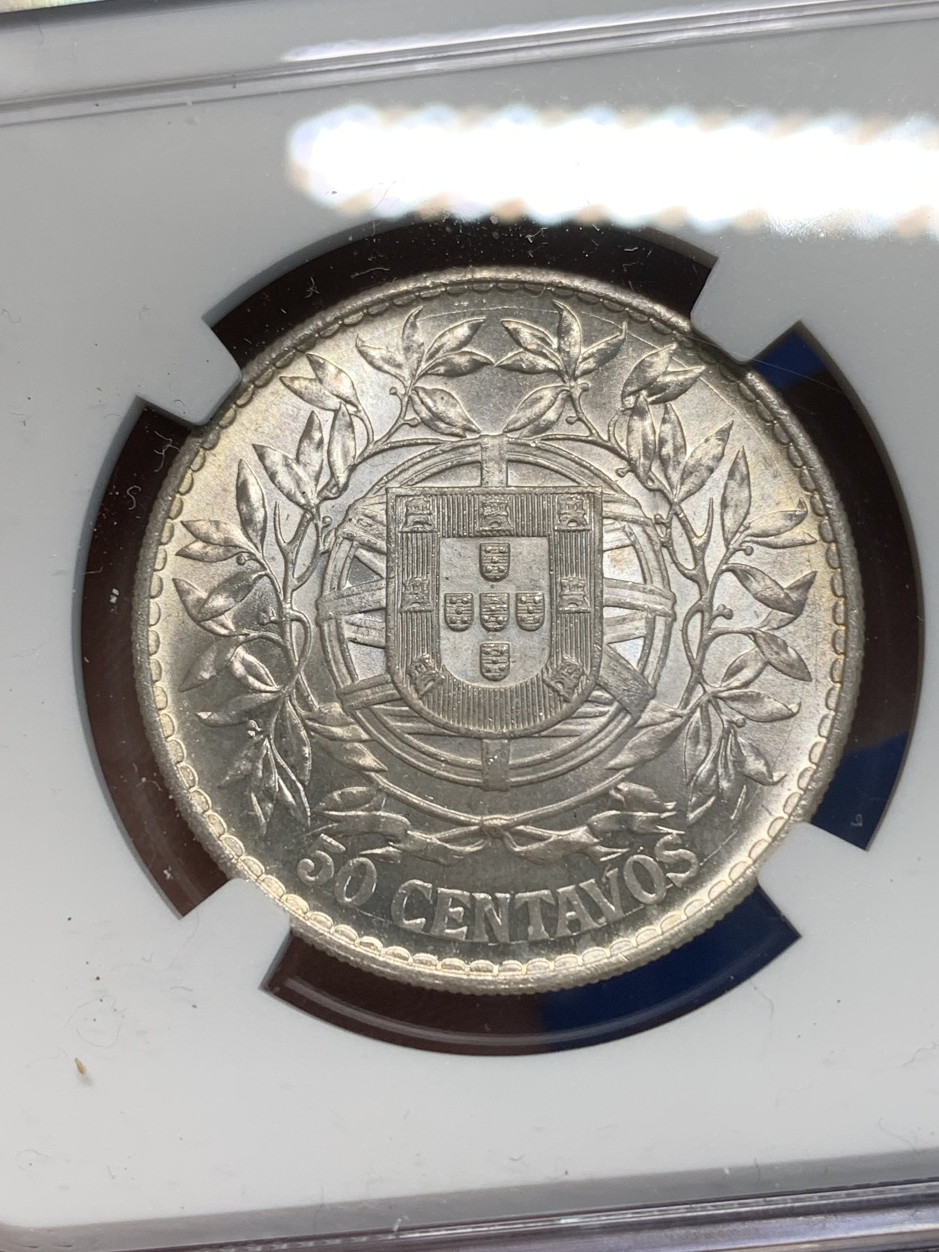 《竞宝斋》第243场-周日，周一 新年开场 (全场包邮) NGC MS64 葡萄牙1916年 自由女神半圆 50分银币