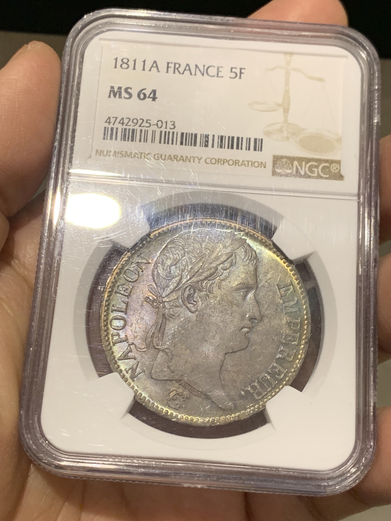 《竞宝斋》第243场-周日，周一 新年开场 (全场包邮) NGC MS64 法国1811年拿破仑一世5法郎银币 双面深彩炫光 全深打 难得状态 一枚在手别无所求