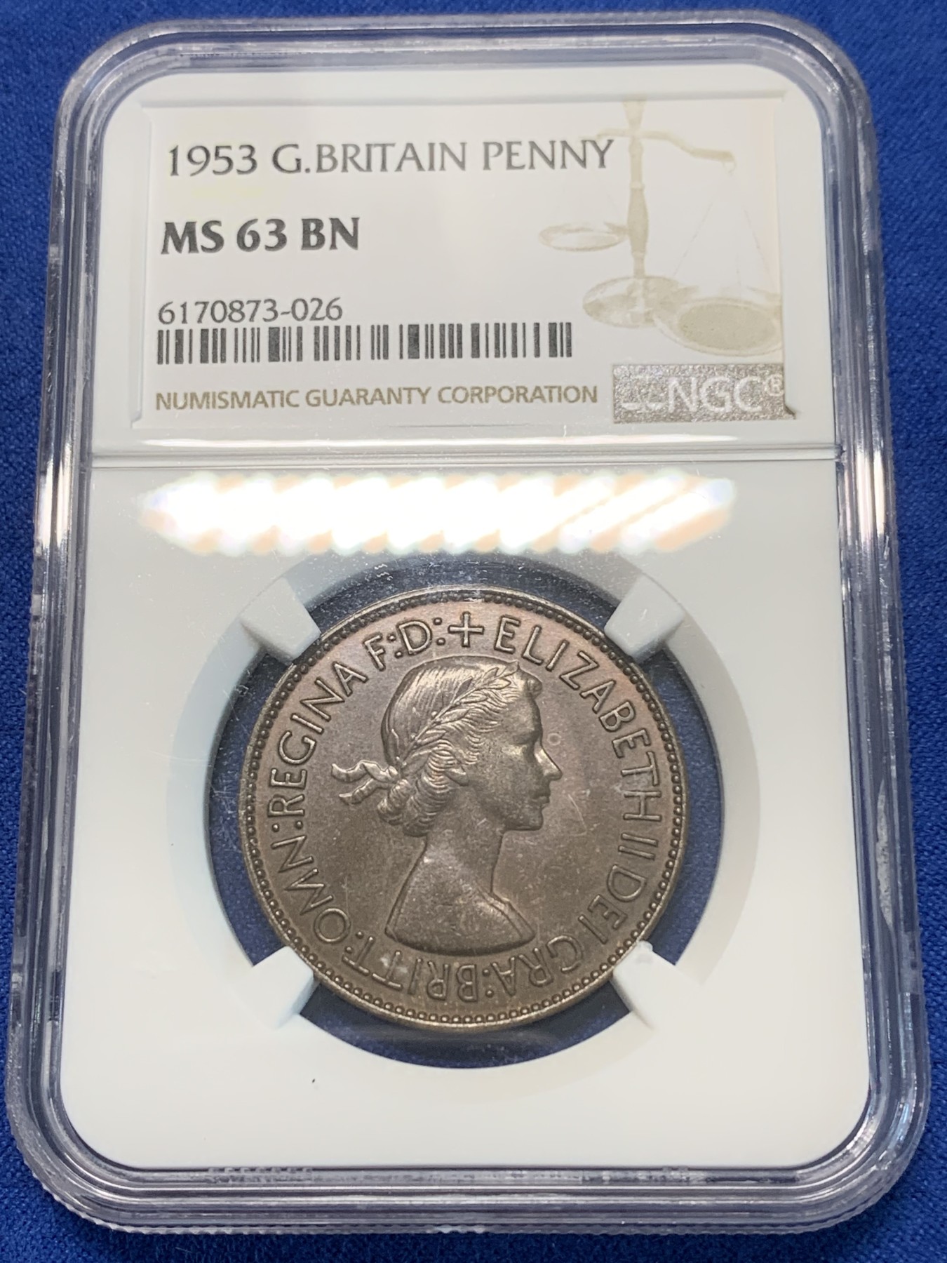 《竞宝斋》第243场-周日，周一 新年开场 (全场包邮) NGC MS63BN 英国1953年伊丽莎白二世头像1便士铜币