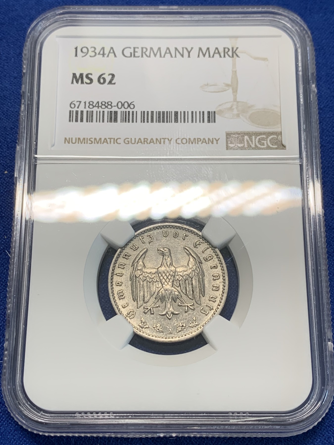 《竞宝斋》第243场-周日，周一 新年开场 (全场包邮) NGC MS62 1934年A版德国1马克纯镍币，此版本首年。少见品质，MS稀少。