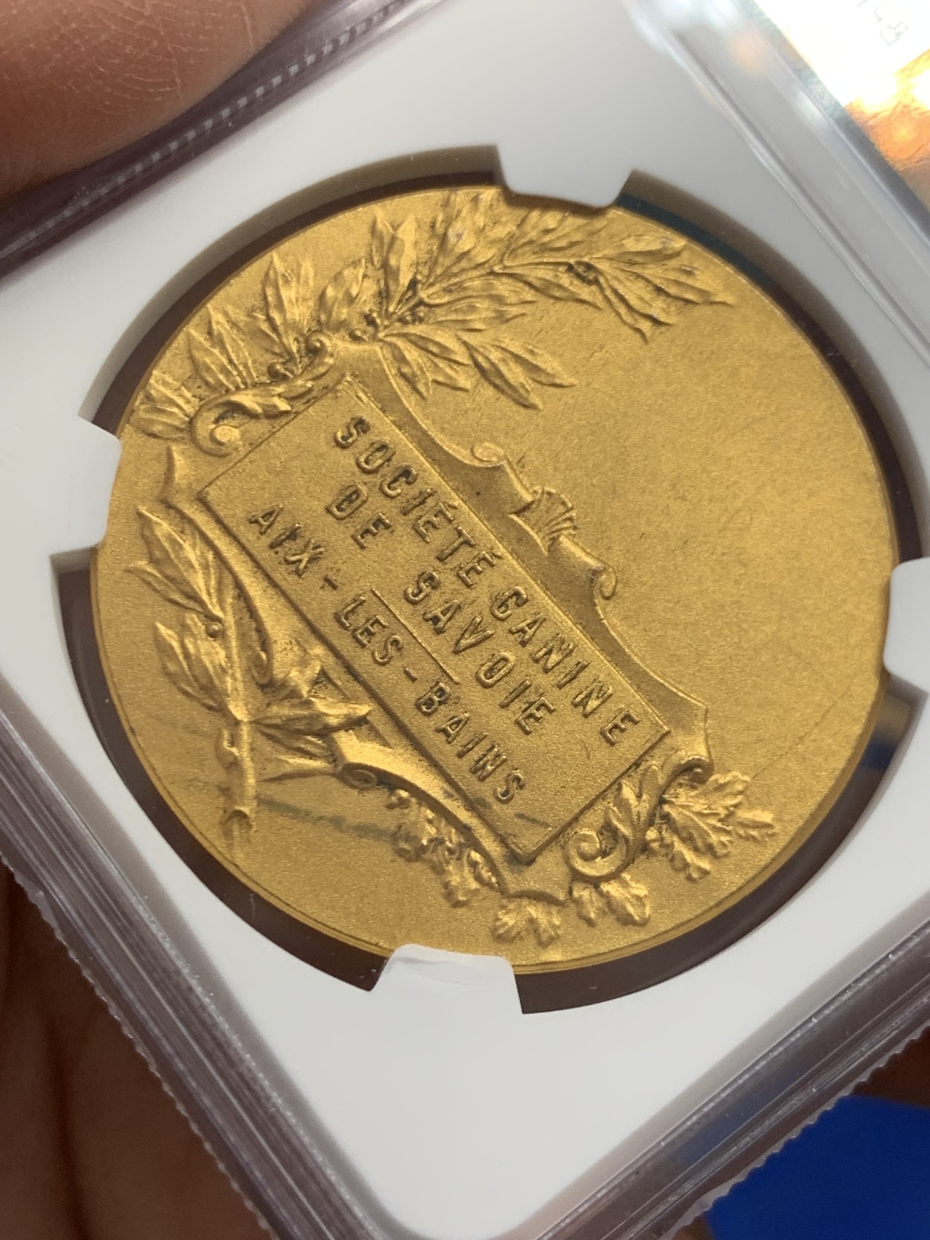 《竞宝斋》第243场-周日，周一 新年开场 (全场包邮) NGC-MS64 1900年法国萨瓦犬类协会铜镀金大奖章，镀层完美，金水很足，狗狗刻画生动细腻。64收藏级高分