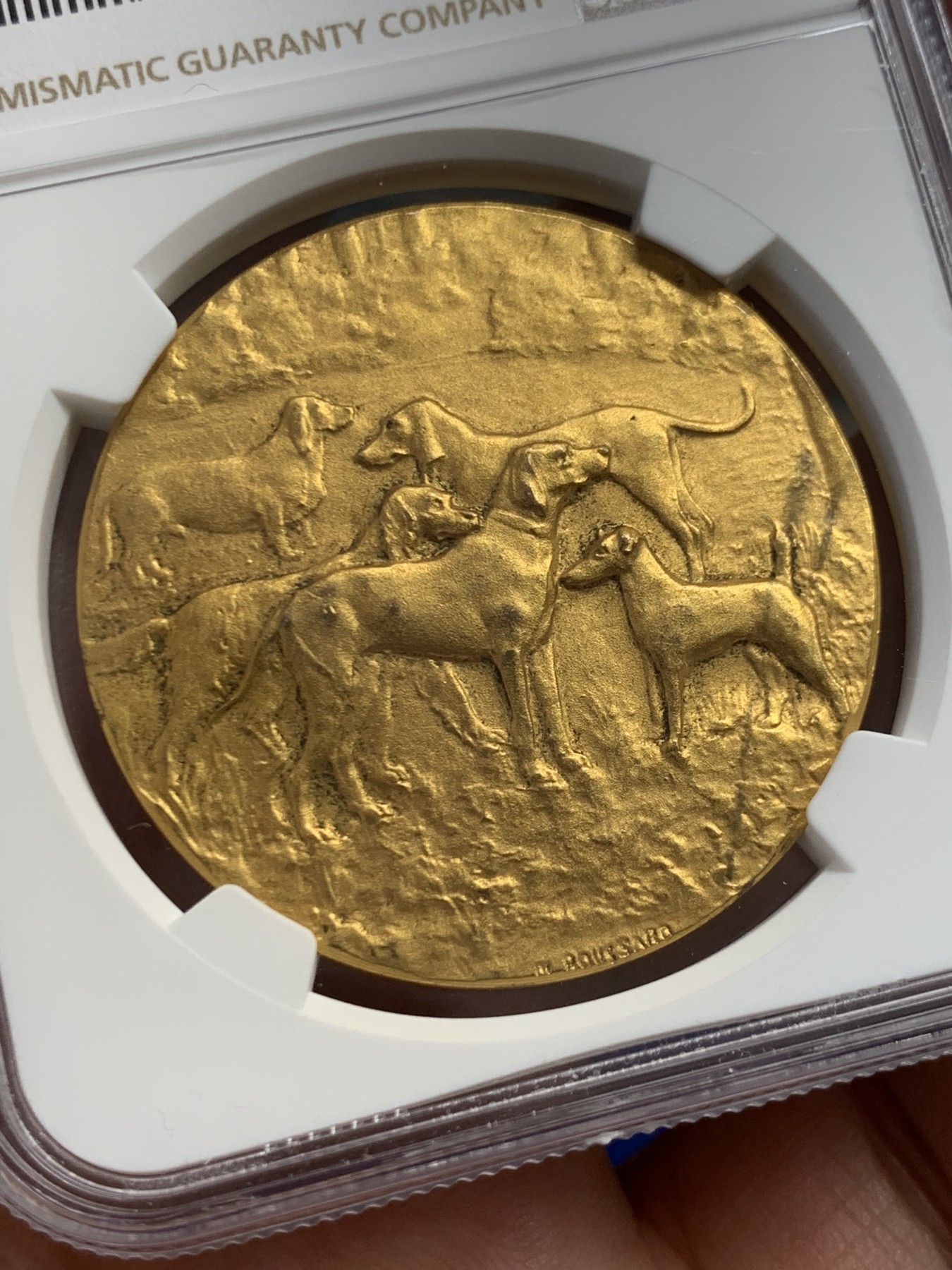 《竞宝斋》第243场-周日，周一 新年开场 (全场包邮) NGC-MS64 1900年法国萨瓦犬类协会铜镀金大奖章，镀层完美，金水很足，狗狗刻画生动细腻。64收藏级高分