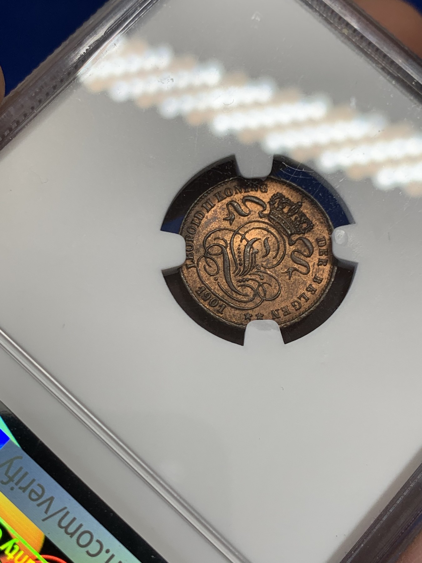 《竞宝斋》第243场-周日，周一 新年开场 (全场包邮) NGC MS63RB 比利时1901年1分铜币 季军分 铜光靓丽 比较少的狮子品种