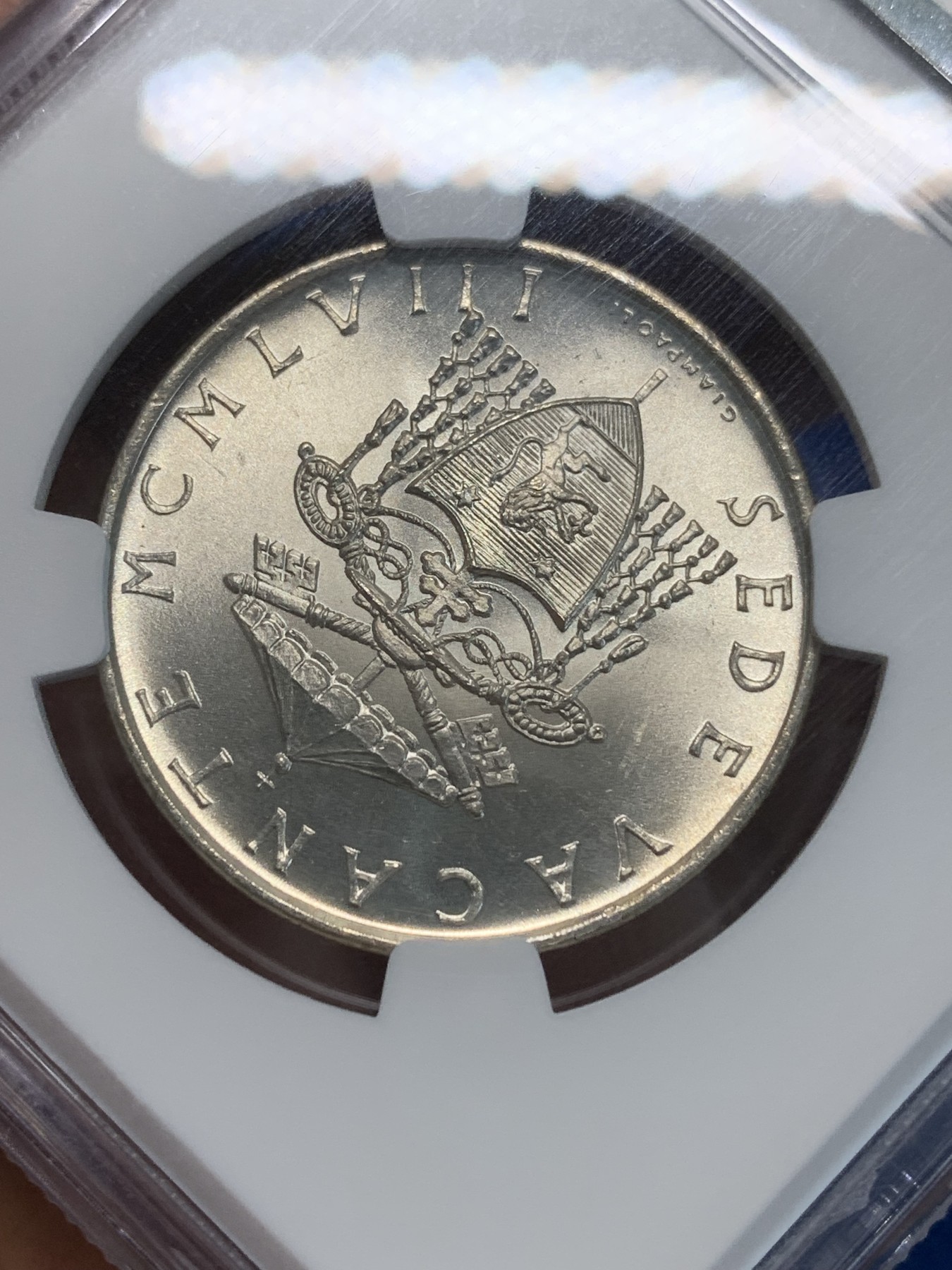 《竞宝斋》第243场-周日，周一 新年开场 (全场包邮) NGC MS65 梵蒂冈1958年教皇缺位500里拉银币 卷拆原光 顶级品相