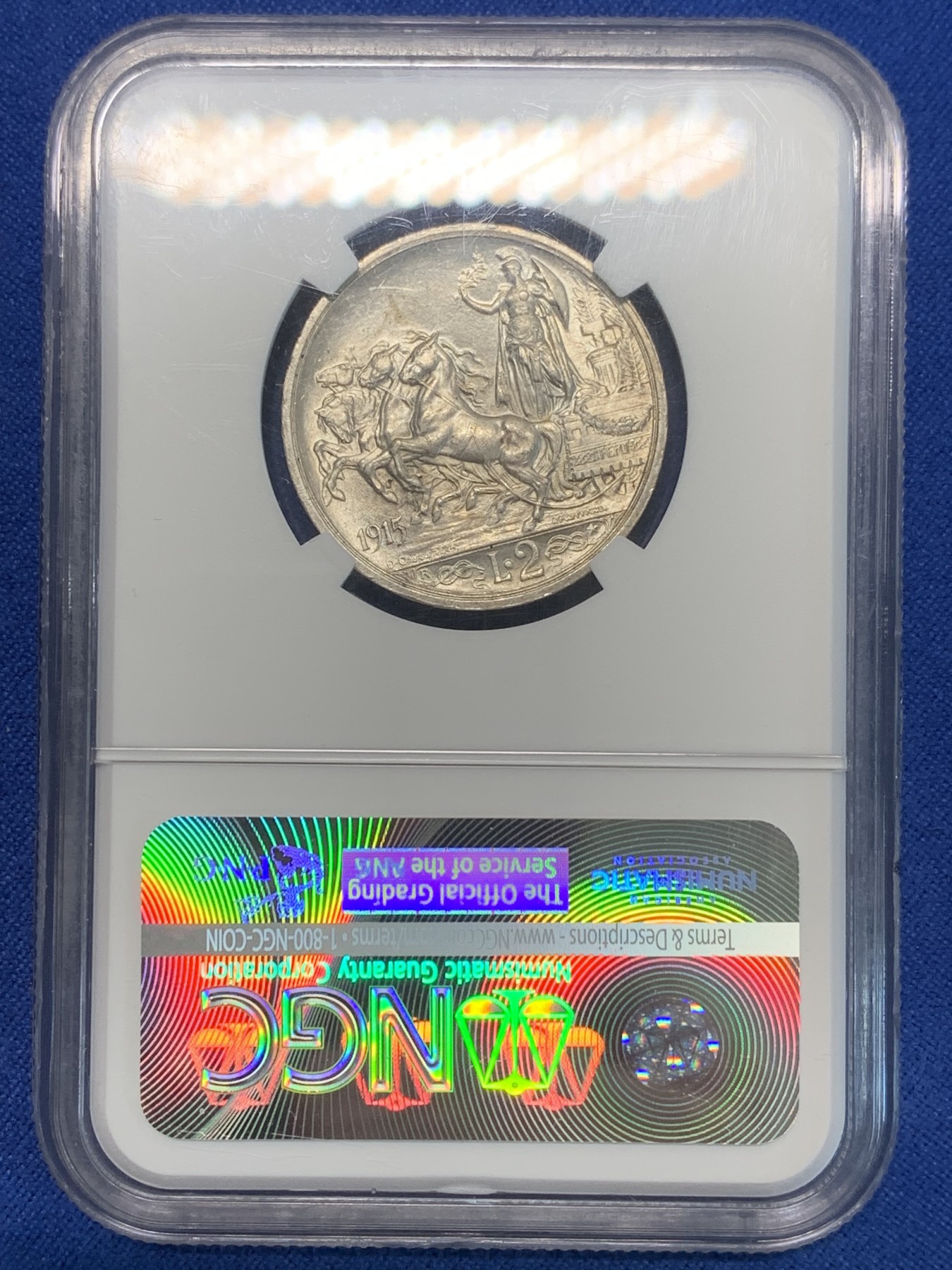 《竞宝斋》第243场-周日，周一 新年开场 (全场包邮) NGC MS62 意大利1915年马车2里拉银币 原光 状态一流