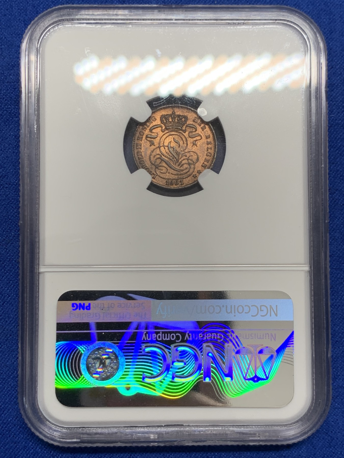 《竞宝斋》第243场-周日，周一 新年开场 (全场包邮) NGC MS63RB 比利时1901年1分铜币 季军分 铜光靓丽 比较少的狮子品种