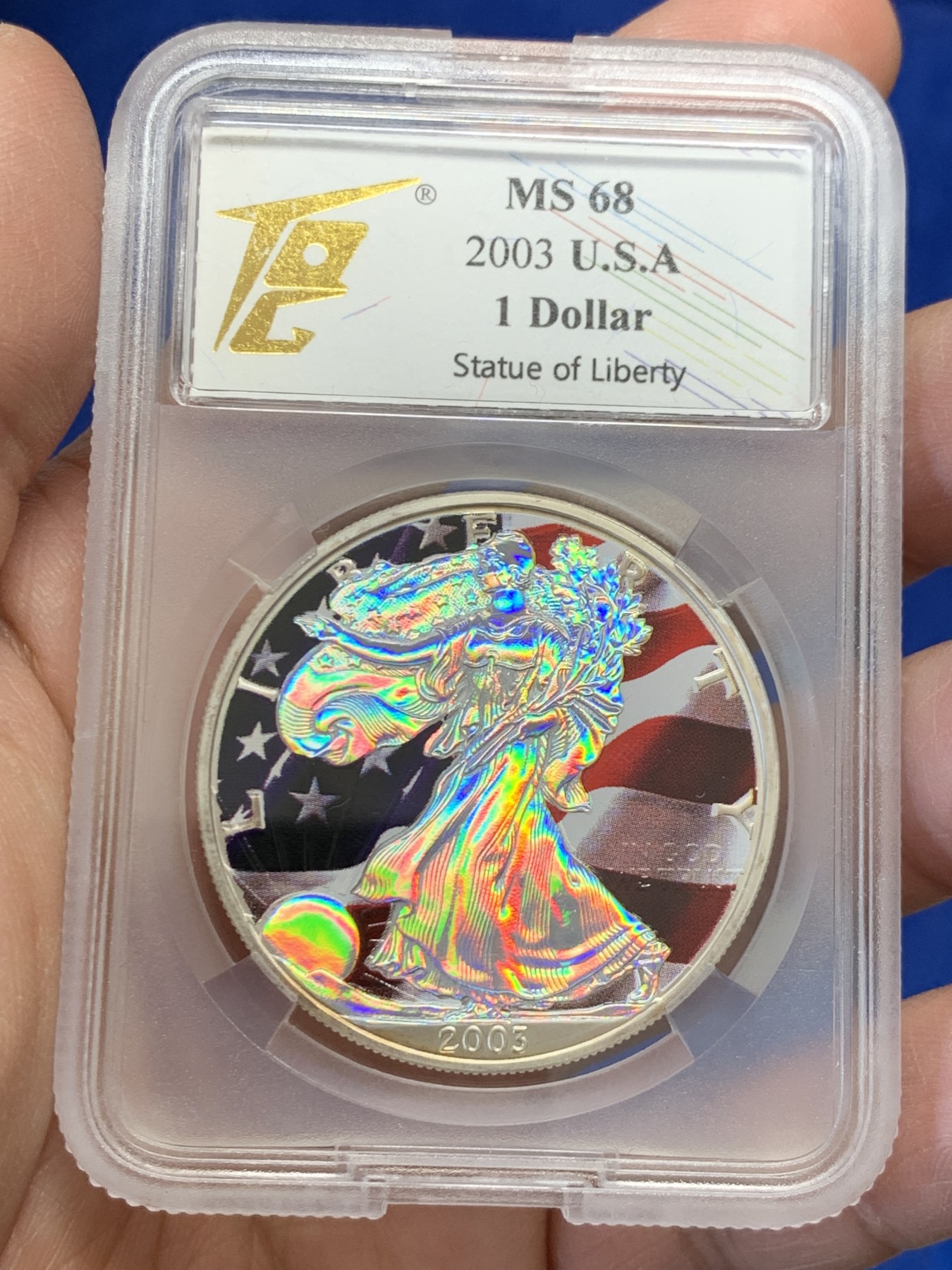 《竞宝斋》第243场-周日，周一 新年开场 (全场包邮) TQG-MS68 2003年美国行走女神1盎司投资银币喷印彩绘版本 十分少见的彩印版本 此枚保存完好