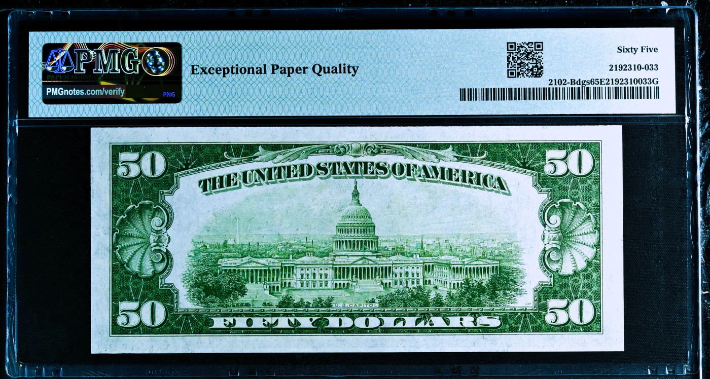 【Blue Auction】✨世界纸币精拍第440期【精】 美国  1934年50美金 PMG65EPQ 绝品 格兰特 背面大场景
