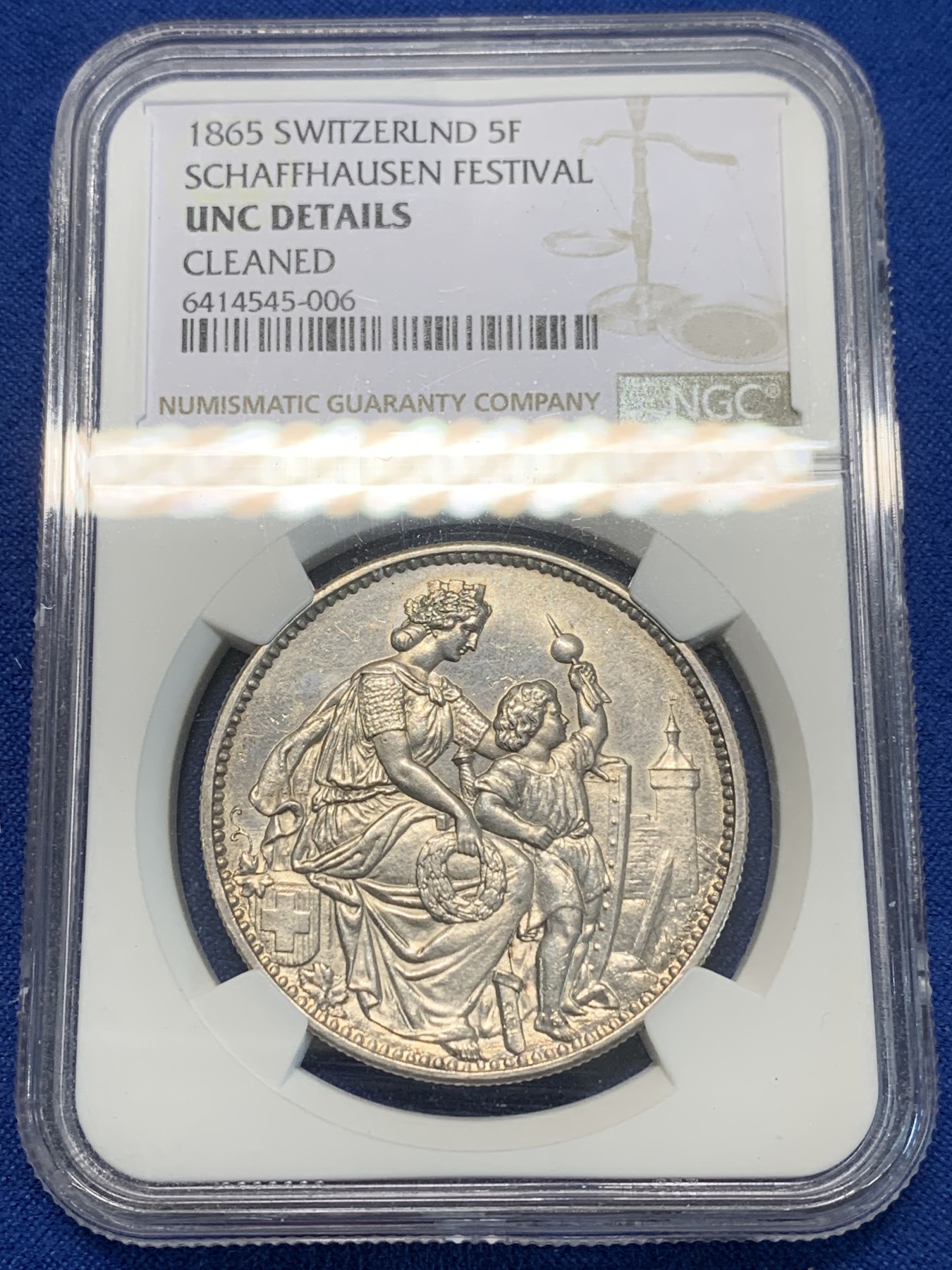 《竞宝斋》第243场-周日，周一 新年开场 (全场包邮) NGC UNCD 热追品种 瑞士1865年沙夫豪森狩猎节5法郎银币