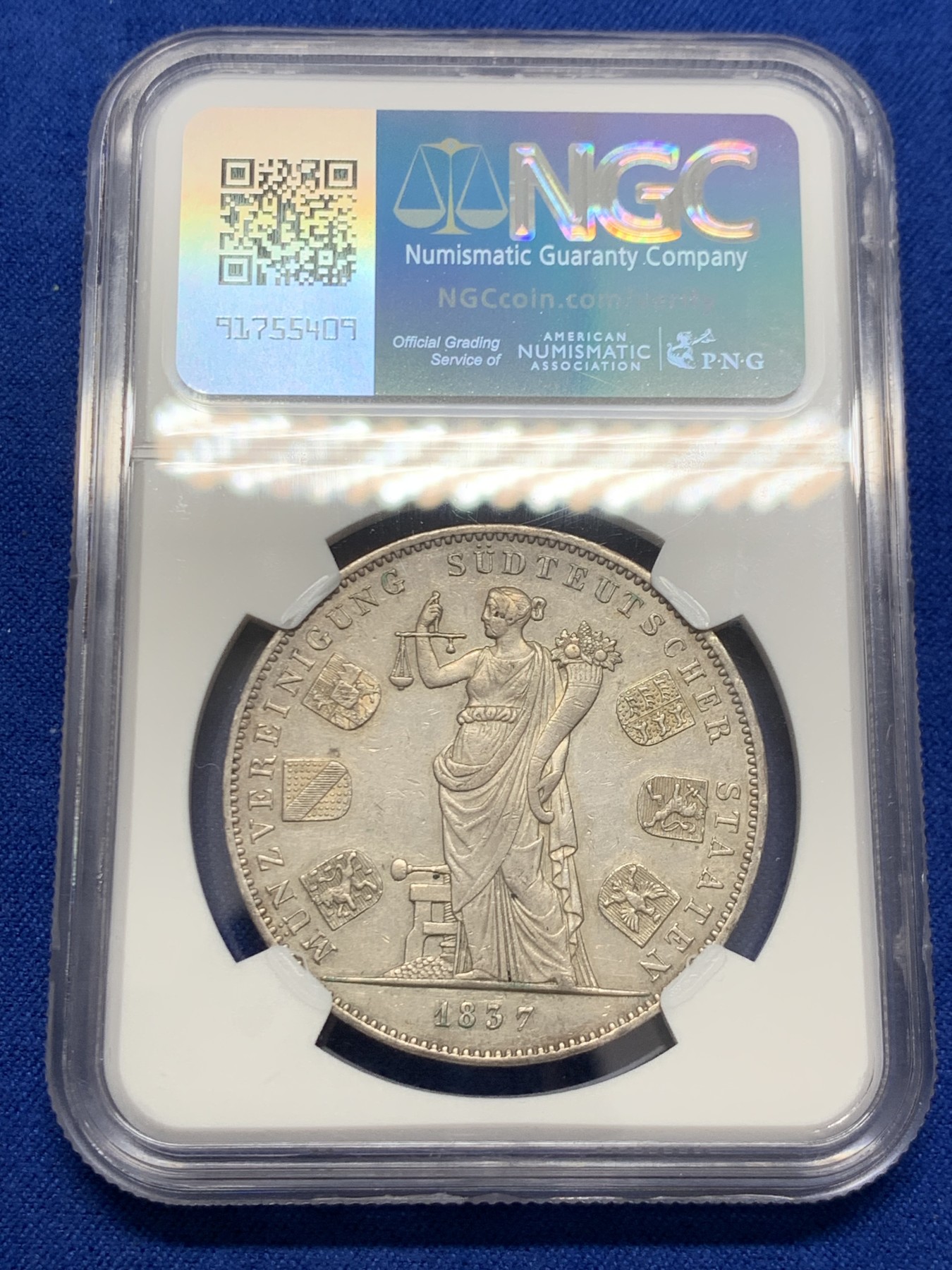 《竞宝斋》第243场-周日，周一 新年开场 (全场包邮) NGC AU58 德国 1837 巴伐利亚货币同盟 2泰勒大银币 底板不错 细节也好