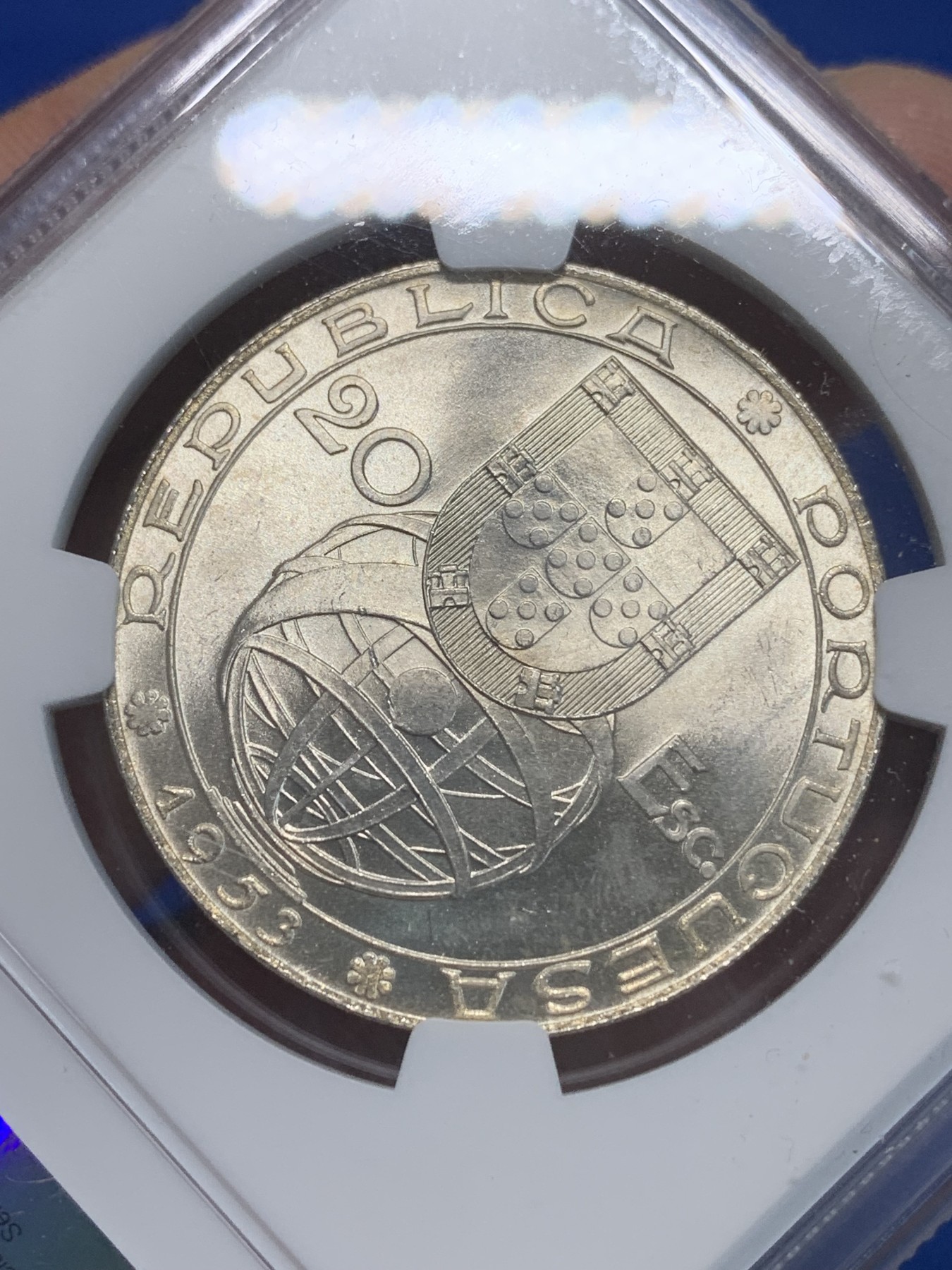 《竞宝斋》第243场-周日，周一 新年开场 (全场包邮) NGC MS65 葡萄牙1953年金融改革制度25周年20埃斯库多大银币