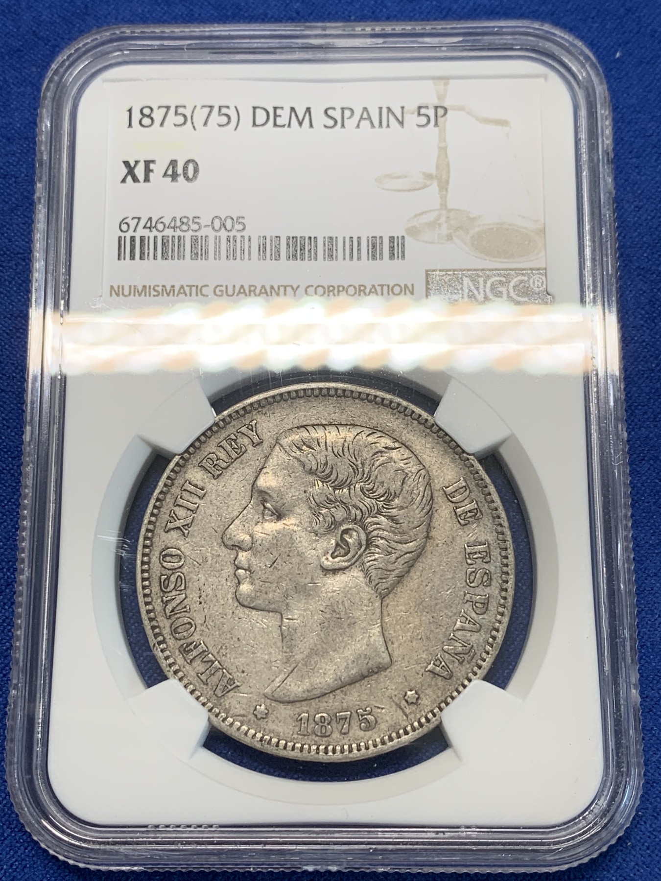 《竞宝斋》第243场-周日，周一 新年开场 (全场包邮) NGC XF40 西班牙1875（75）年阿方索十二世5比塞塔银币
