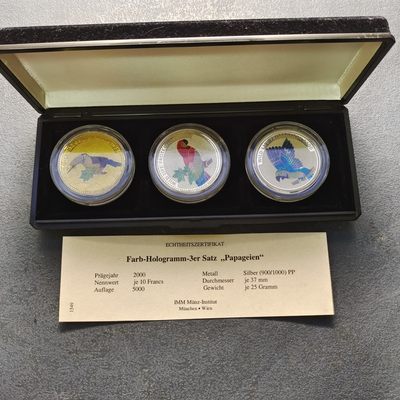 0起1加-纯粹捡漏拍-316银币套币场 - 【少见】刚果2000年10法郎鸟类版幻彩精制纪念银币3枚套装-盒证全-量5000