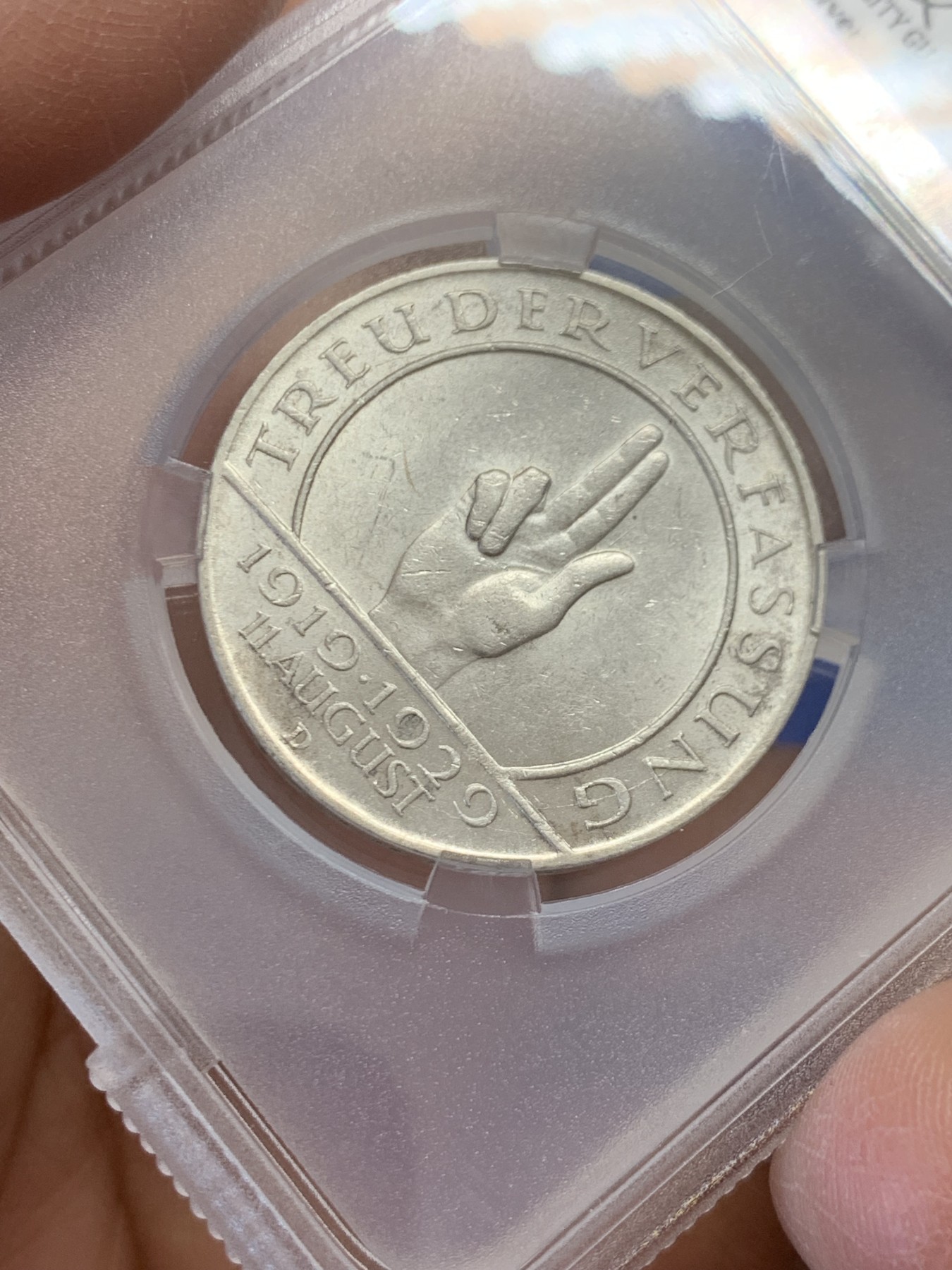 《竞宝斋》第243场-周日，周一 新年开场 (全场包邮) TQG-MS65 1929-D 德国魏玛共和国时期 宪法十周年3马克银币 少见品种 喜欢NP盒子的也可以砸盒重新送