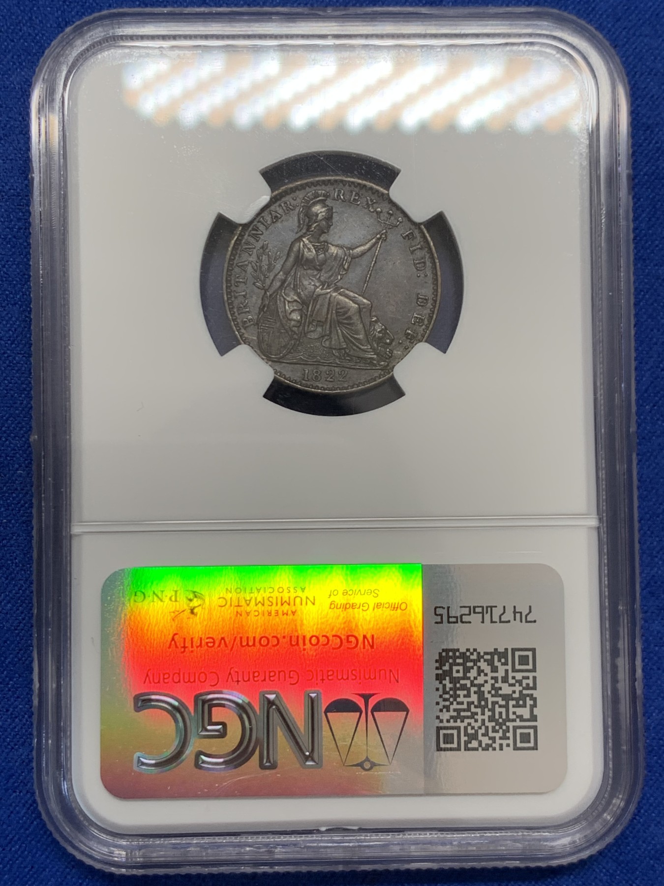 《竞宝斋》第243场-周日，周一 新年开场 (全场包邮) NGC AU53BN 英国1822年乔治四世法新铜币，少见品种，好品很少，女神像胸都没磨损，当unc买的结果给了53。舒服巧克力包浆，人像栩栩如生。