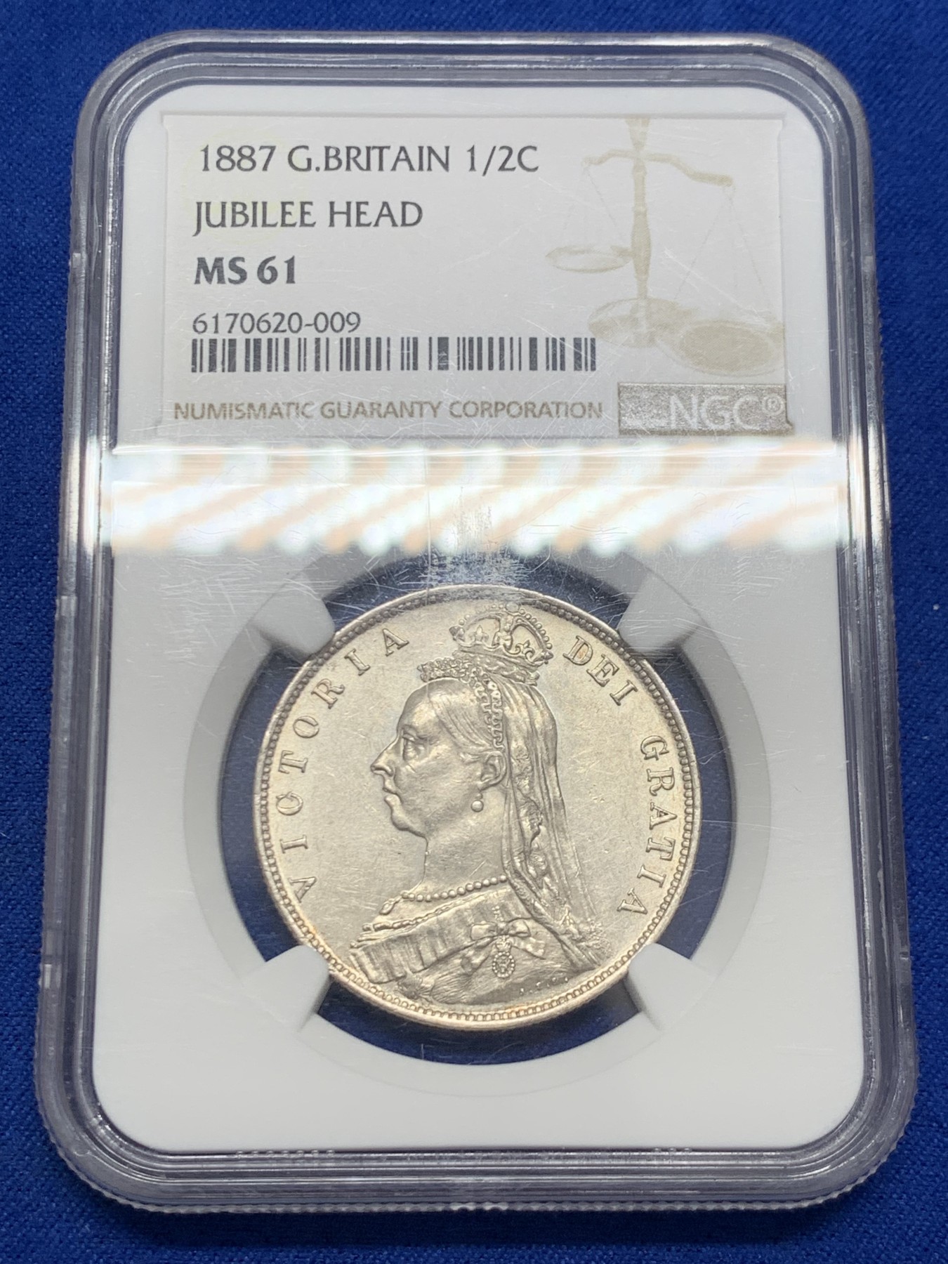 《竞宝斋》第243场-周日，周一 新年开场 (全场包邮) NGC MS61 英国1887年维多利亚高冠半克朗银币（女王登基50周年纪念年份）