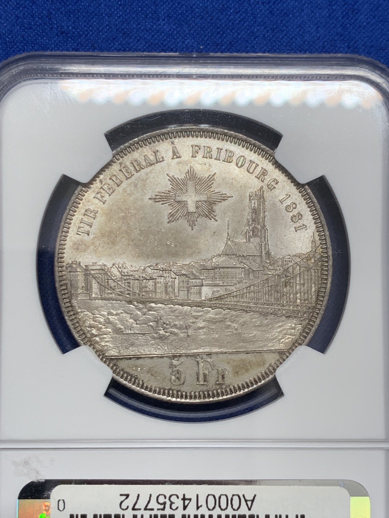 《竞宝斋》第243场-周日，周一 新年开场 (全场包邮) NGC MS63 1881瑞士5法郎银币  伯尔尼造币厂 非常经典的画面 美女人物 背面是城市风景，铁索吊桥