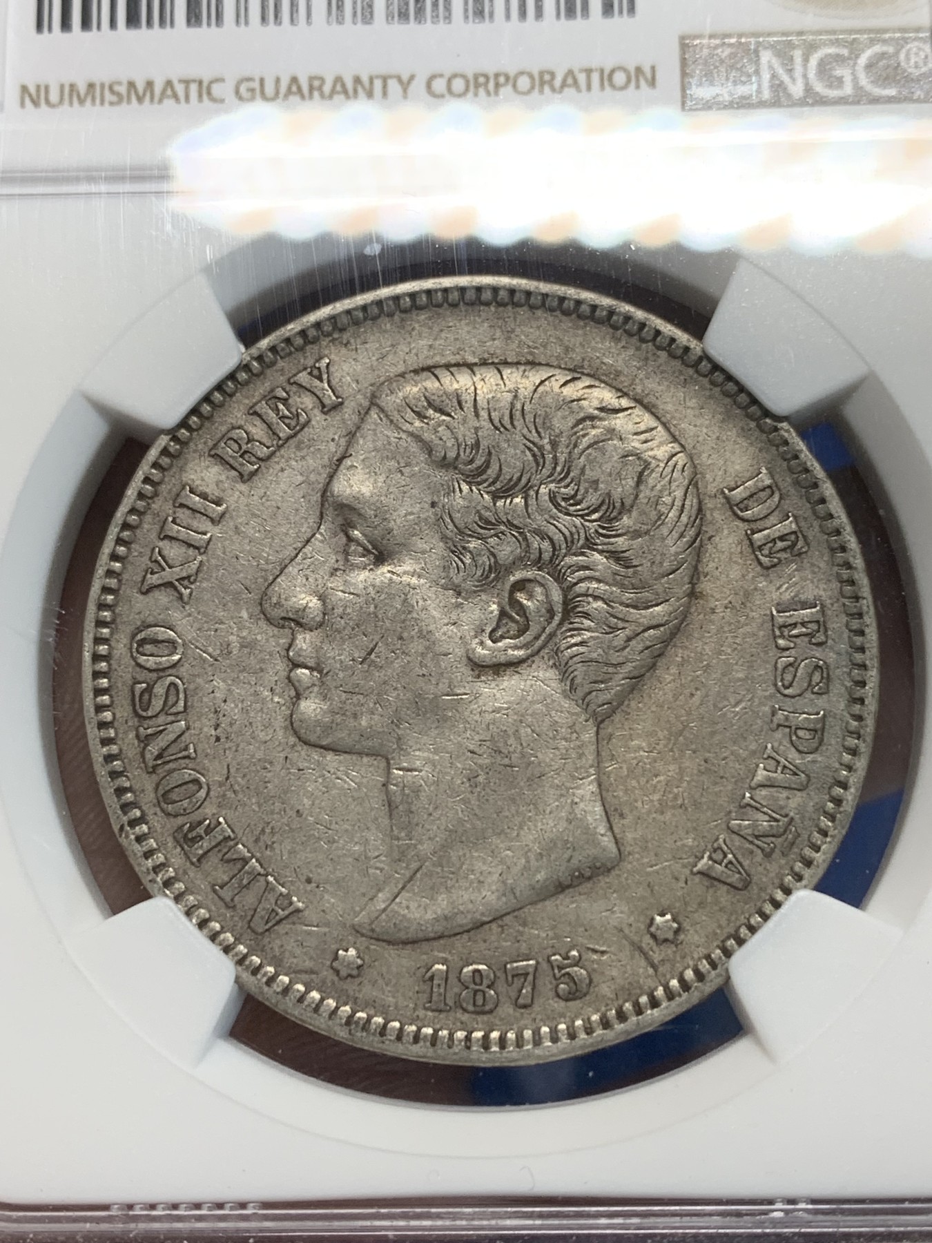 《竞宝斋》第243场-周日，周一 新年开场 (全场包邮) NGC XF40 西班牙1875（75）年阿方索十二世5比塞塔银币