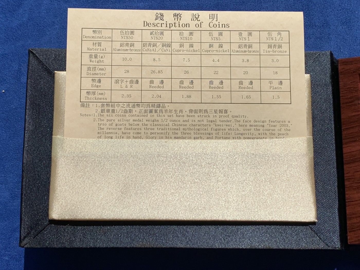 《竞宝斋》第243场-周日，周一 新年开场 (全场包邮) 台湾省民国九十二年第一轮羊年精致套币 含二分之一盎司大银章 少见生肖 现在很难再运进来 市场价四百多元