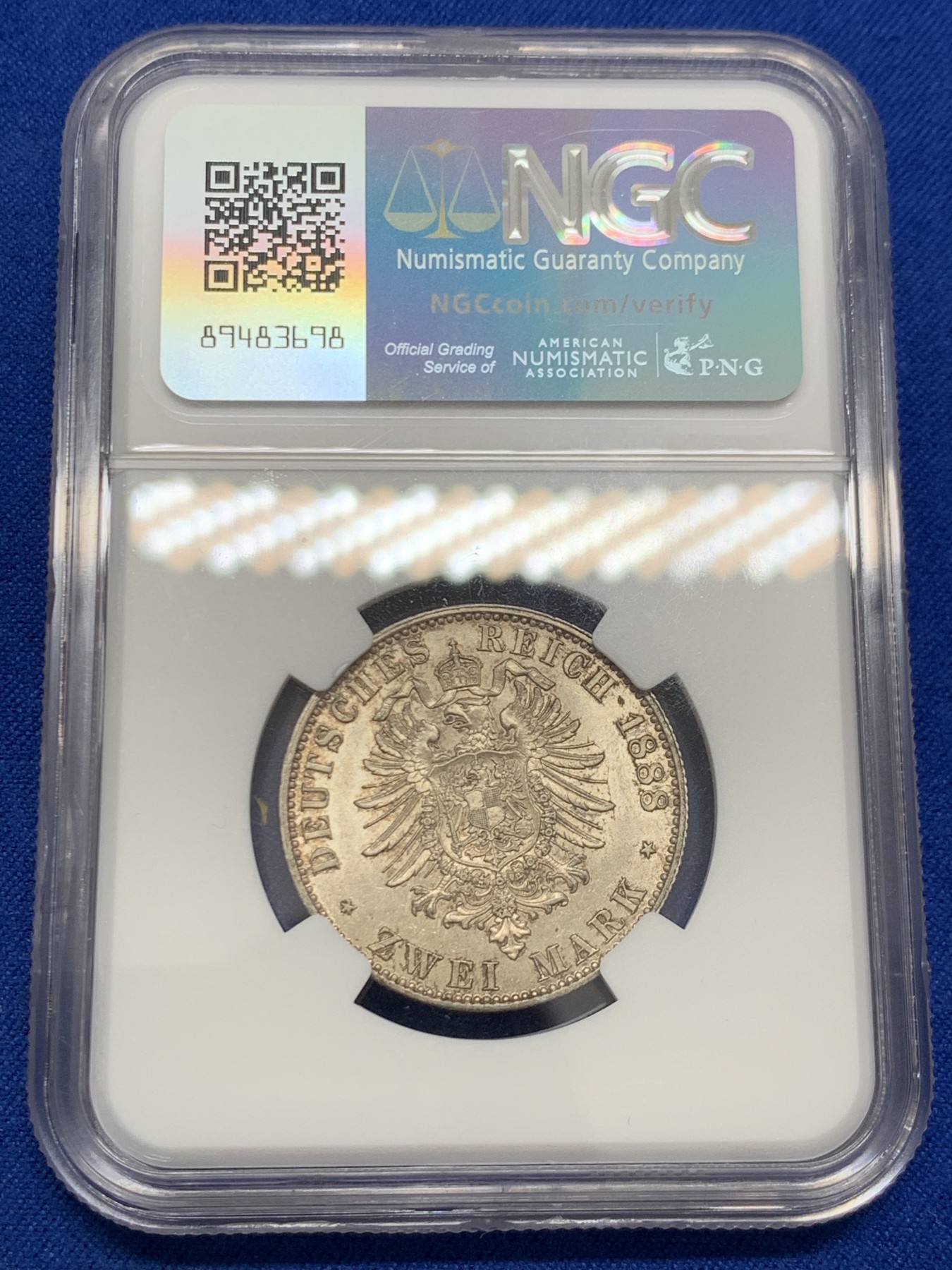 《竞宝斋》第243场-周日，周一 新年开场 (全场包邮) NGC MS62 德国1888三皇年弗里德里希三世 短翅2马克银币 不错的状态 低评