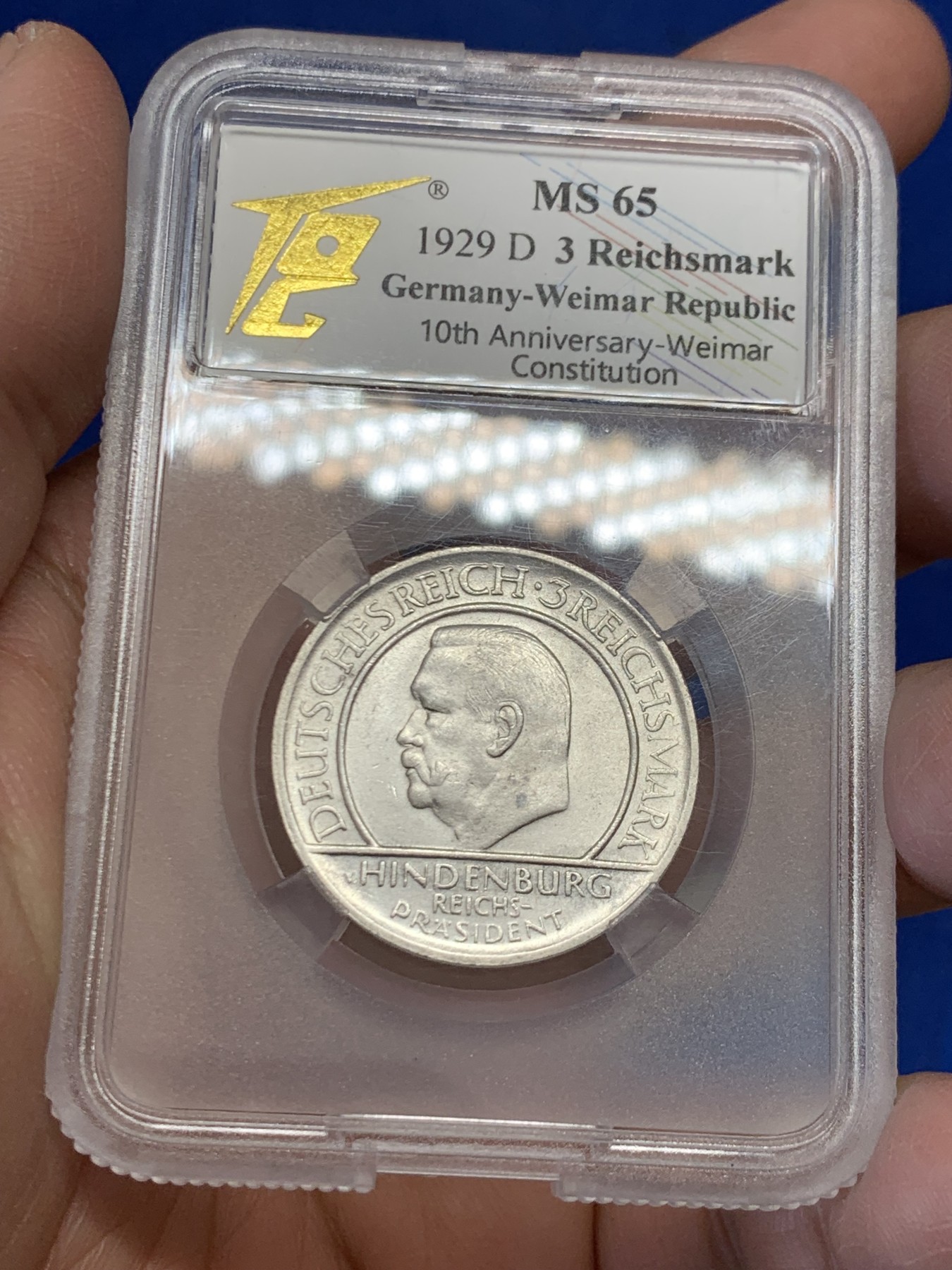 《竞宝斋》第243场-周日，周一 新年开场 (全场包邮) TQG-MS65 1929-D 德国魏玛共和国时期 宪法十周年3马克银币 少见品种 喜欢NP盒子的也可以砸盒重新送