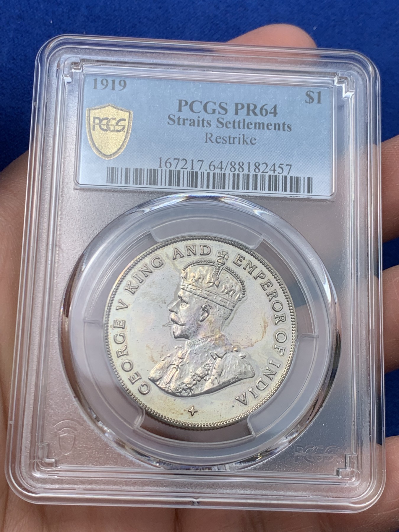 《竞宝斋》第243场-周日，周一 新年开场 (全场包邮) PCGS PR64 海峡殖民地 1919年 乔五 壹圆 银币 精制后铸